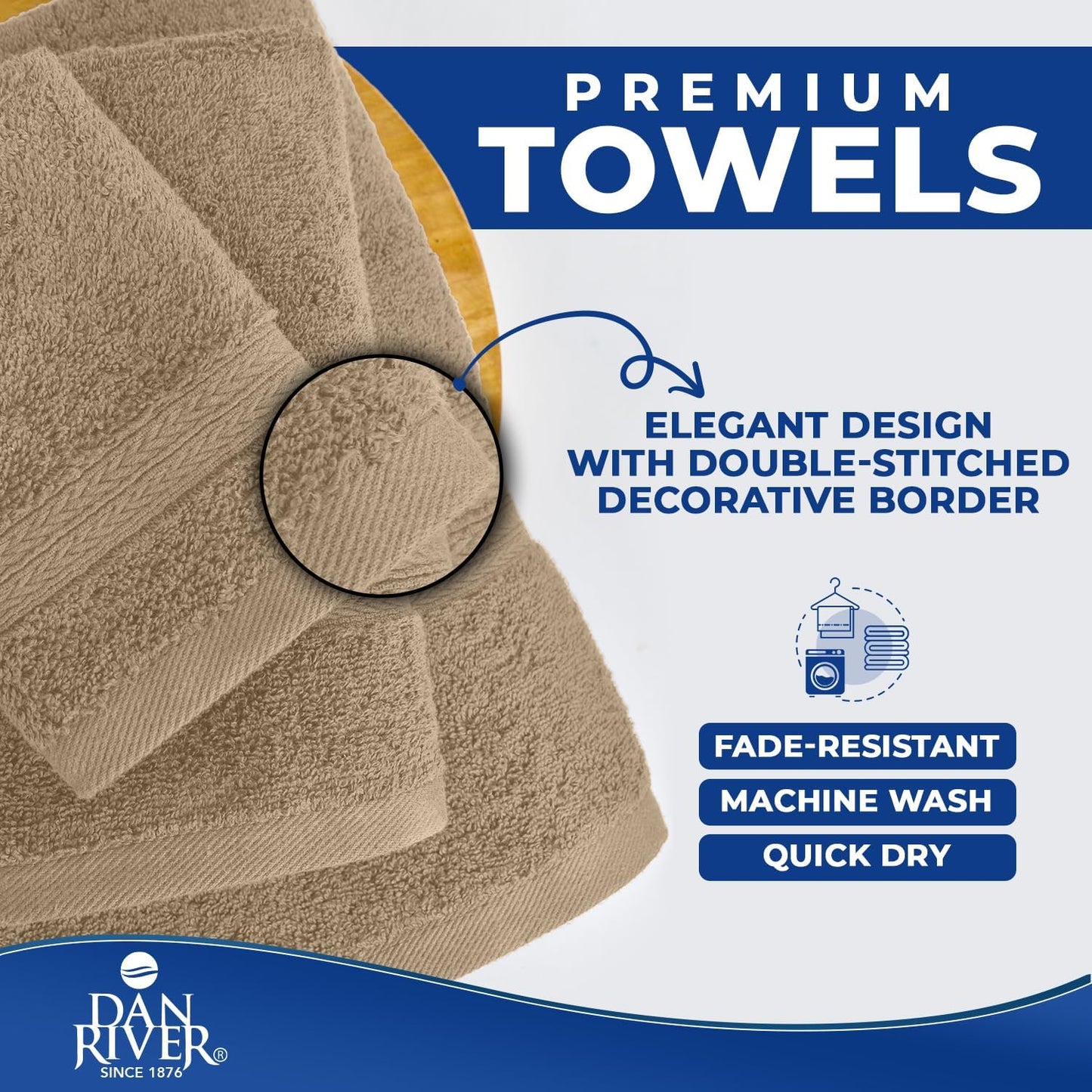 DAN RIVER 8 Piece Luxury Bath Towels for Bathroom, Towel Set, Tan | 2 Bath towels, 2 Hand towels, and 4 Wash Cloths
