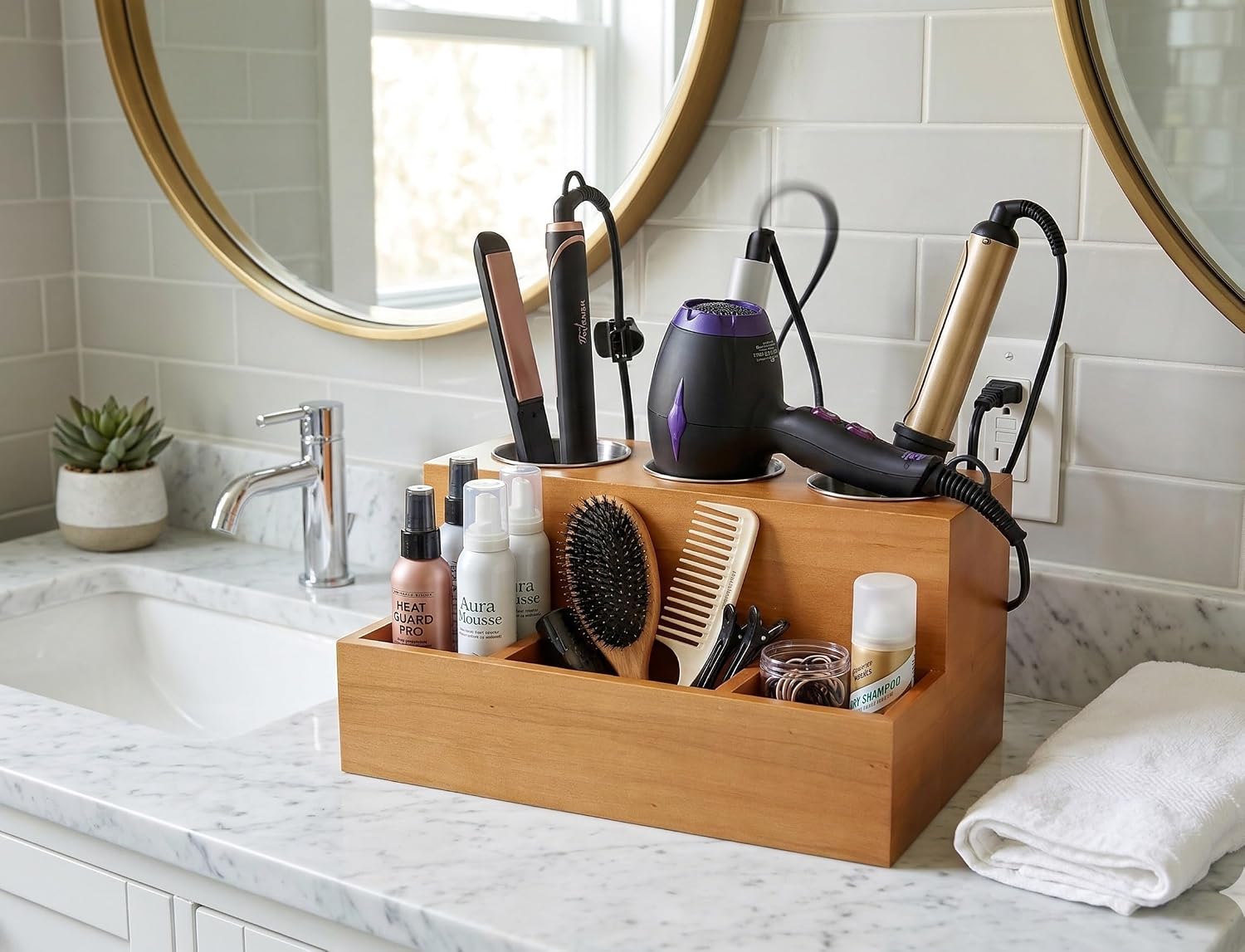 Hair Tools Organizer - Wood Tan - Blow Dryer, Straightener, Curling Wand, Brushes Holder - Vanity & Bathroom Storage