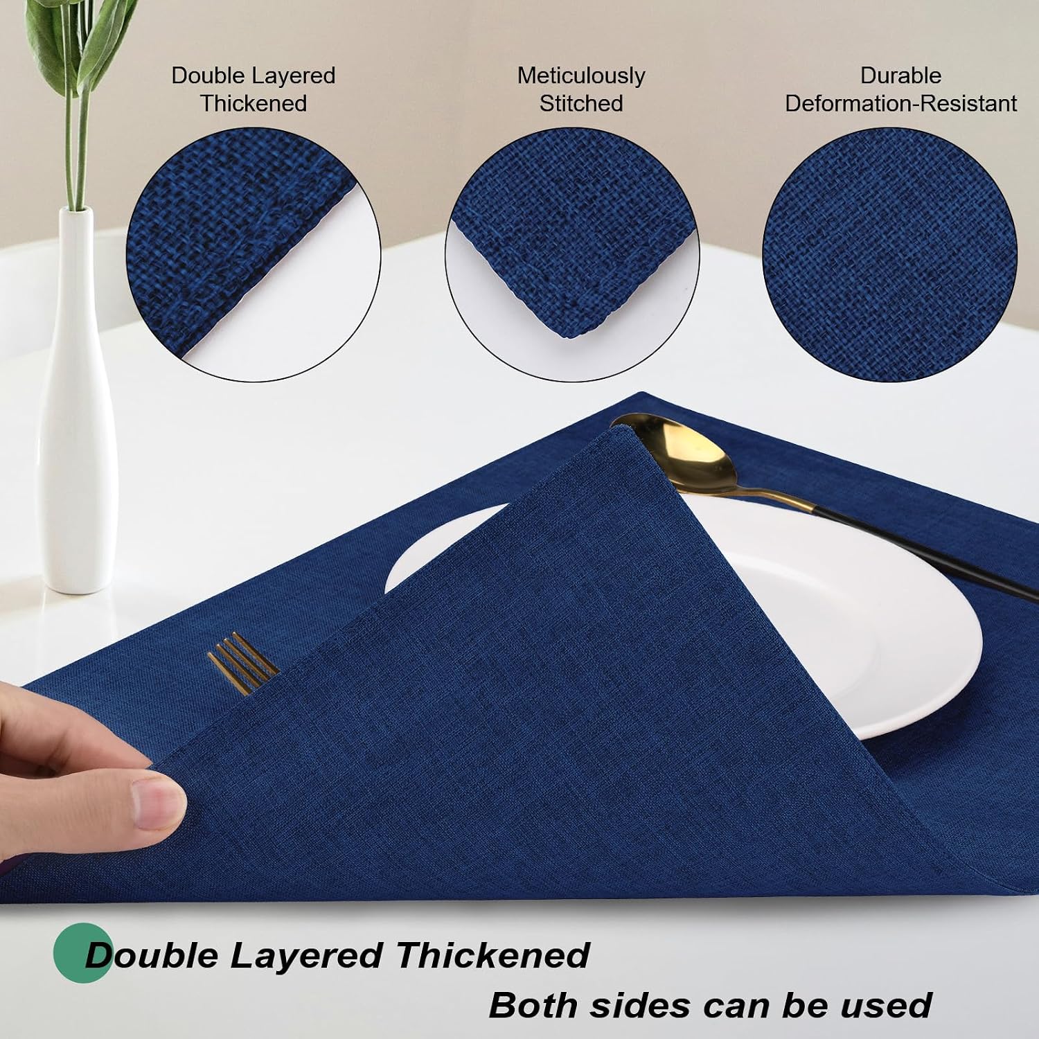 Cloth Placemats Set of 6, Cotton Linen Blend Place Mats, Navy Blue | Machine Washable, Double Layered, Heat Resistant