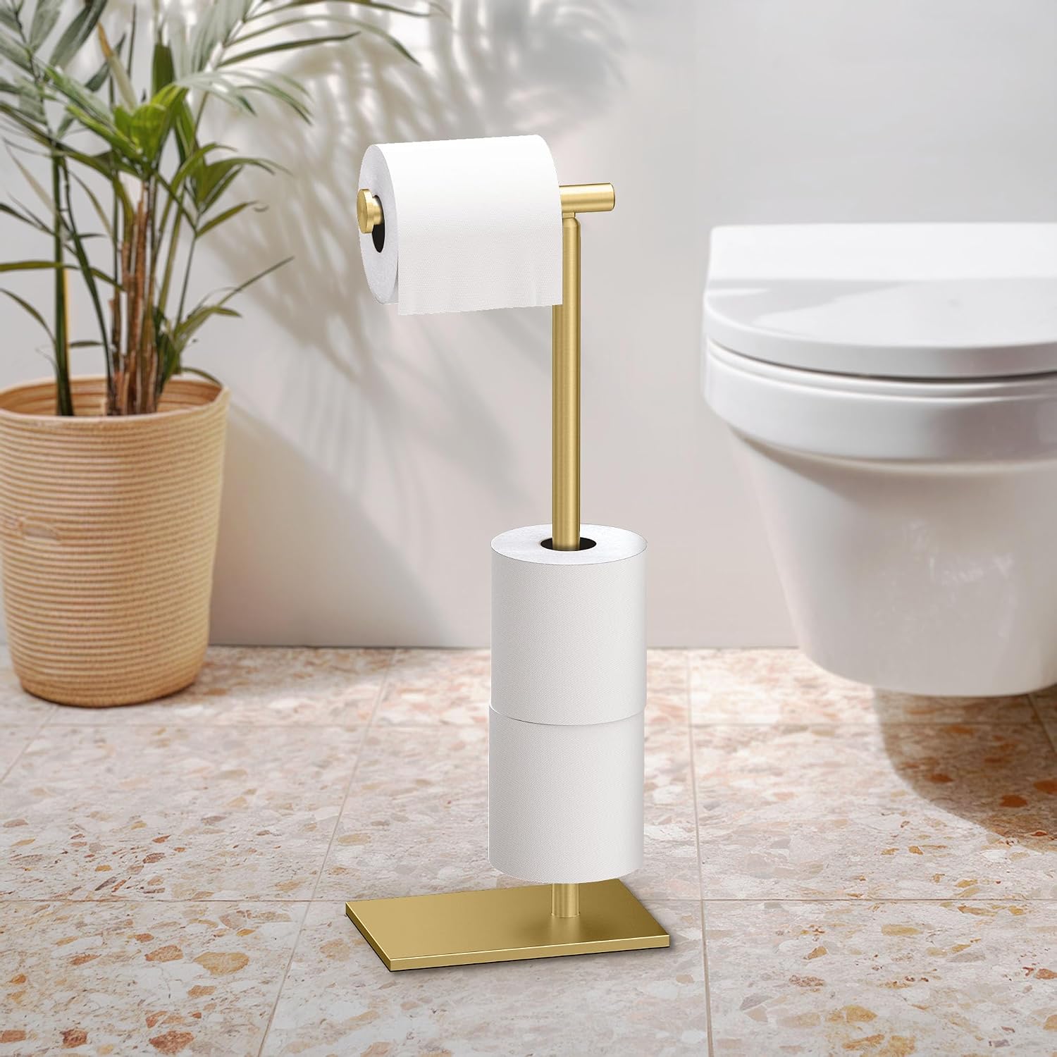 Gatco 1443B, Modern Rectangle Base Freestanding Toilet Paper Holder with Storage, 21.13”H, Brushed Brass