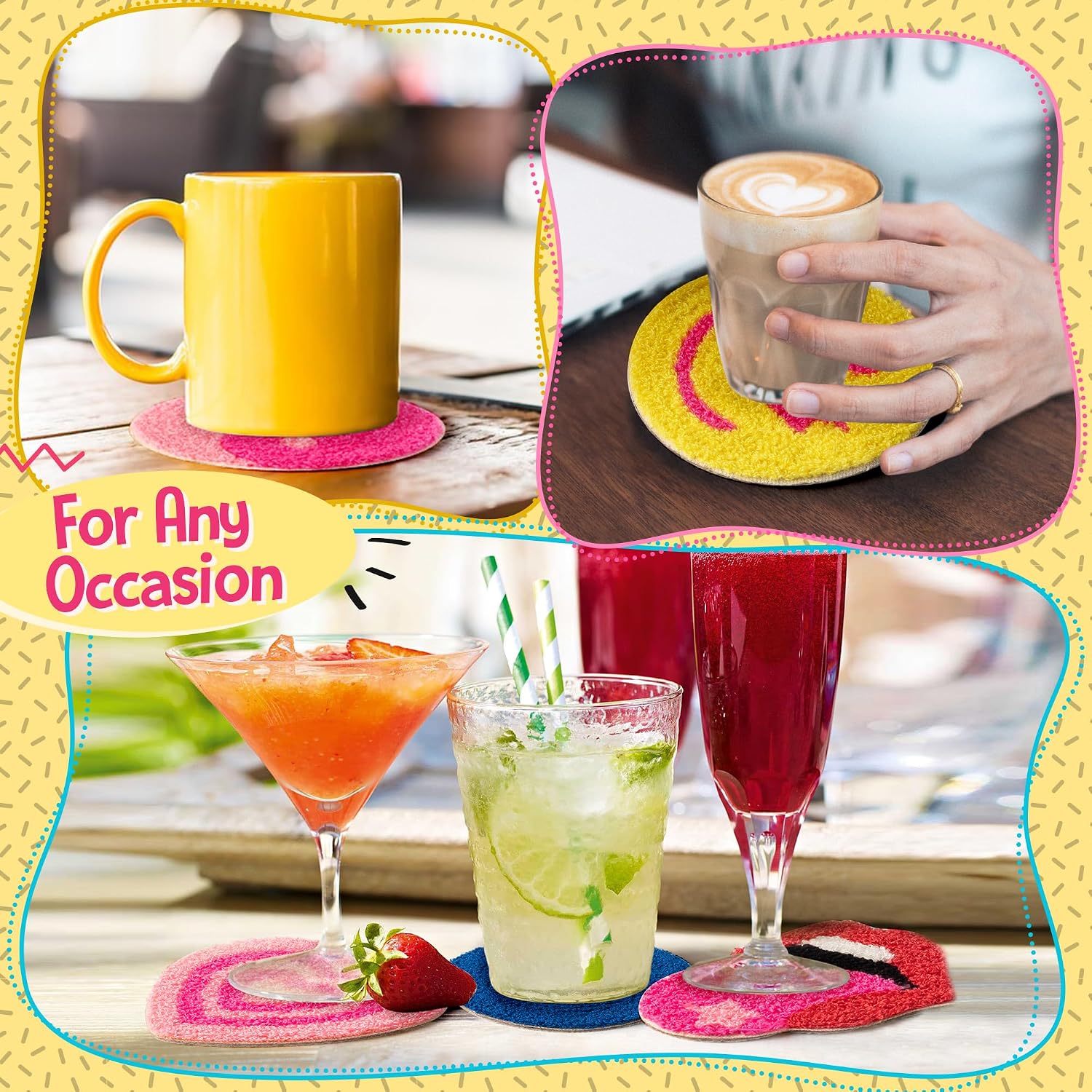 Preppy Boho Tufted Coasters Smile Evil Eye Lip Love Yin-yang Drink Coasters Yellow / Pink / Set of 5