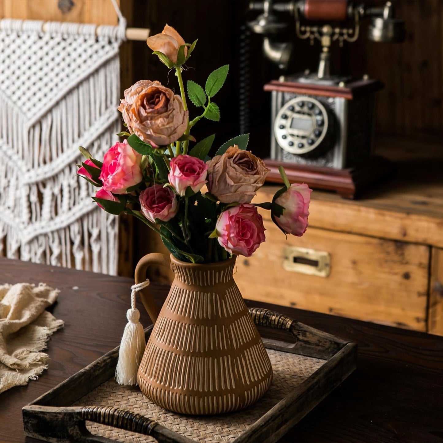 Rustic Farmhouse Vase / Yellow - Tassel