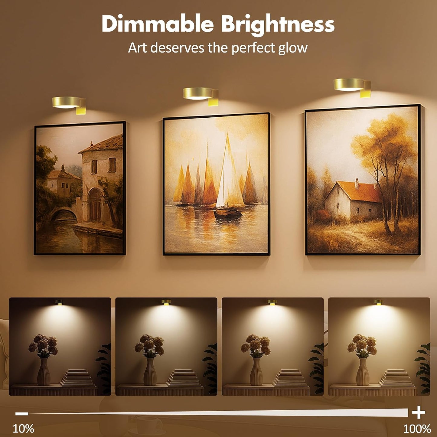 Picture Lights for Wall, Wireless Poster Lights Battery Operated, Gold | LED Magnetic Painting Light with Remote