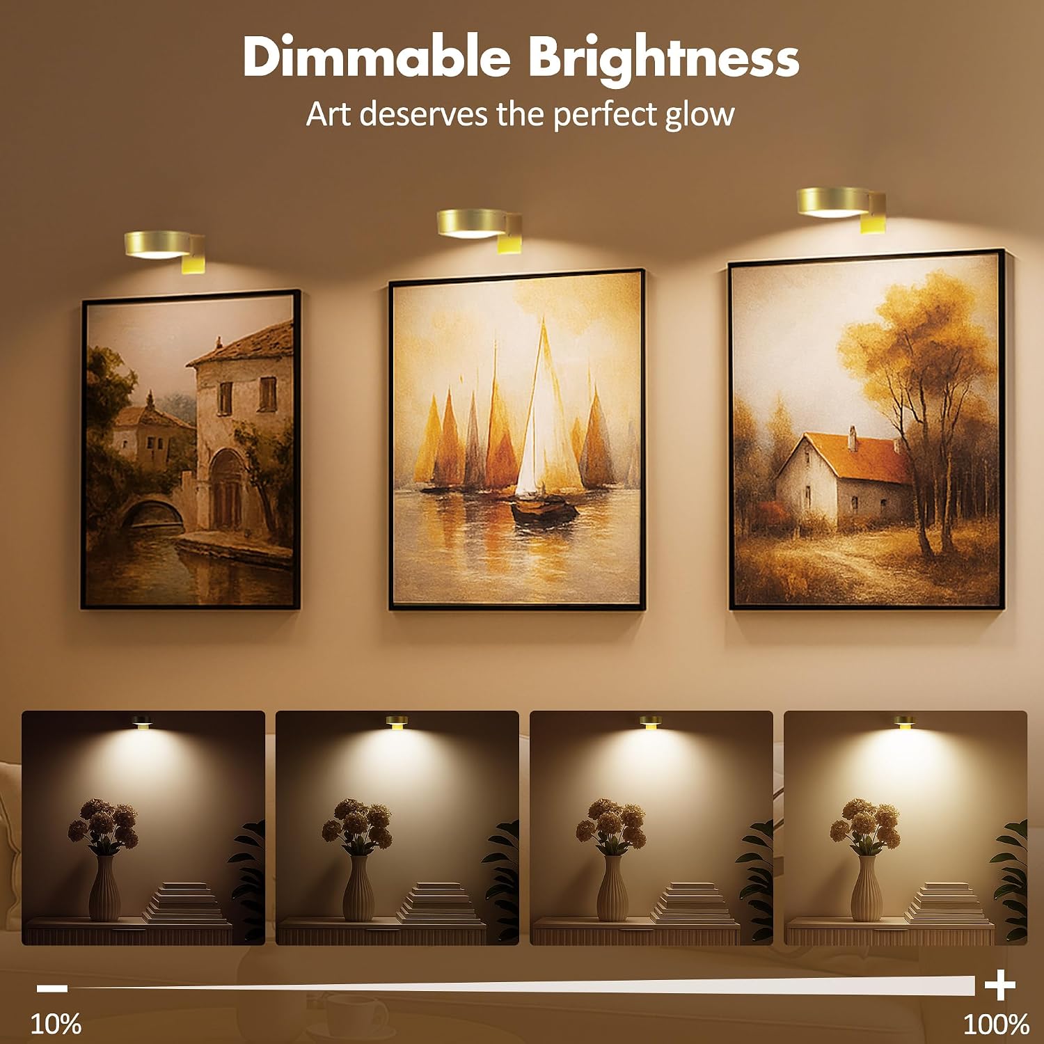 Picture Lights for Wall, Wireless Poster Lights Battery Operated, Gold | LED Magnetic Painting Light with Remote