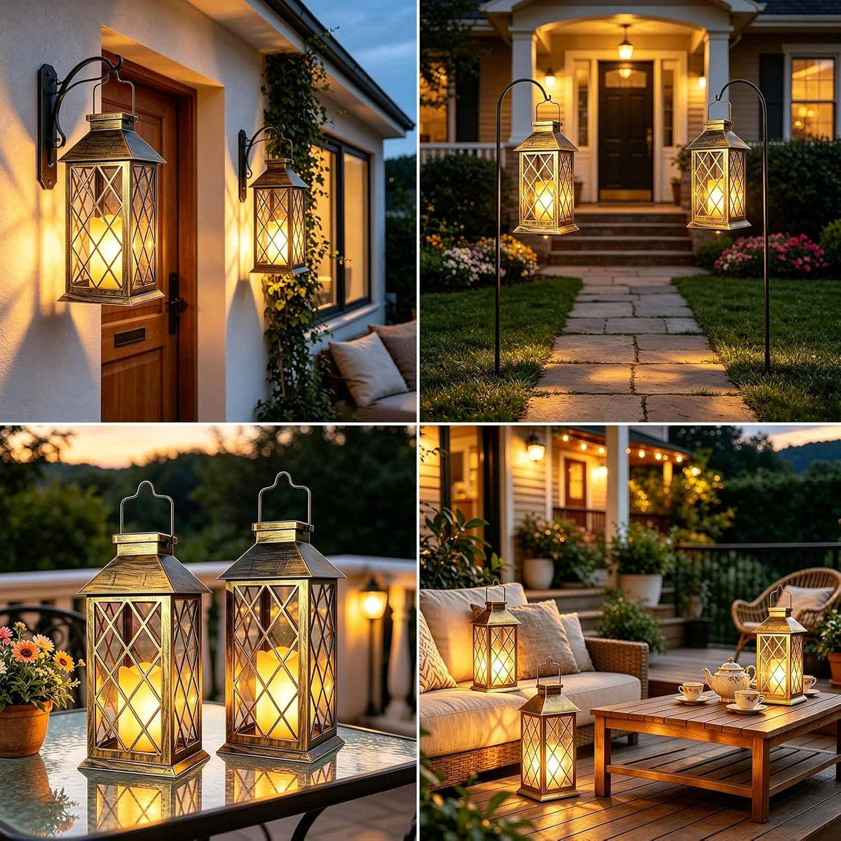 2 Pack 11" Medium Tempered Glass Solar Lanterns Outdoor Waterproof | Hanging Solar Lights with Flickering Flameless