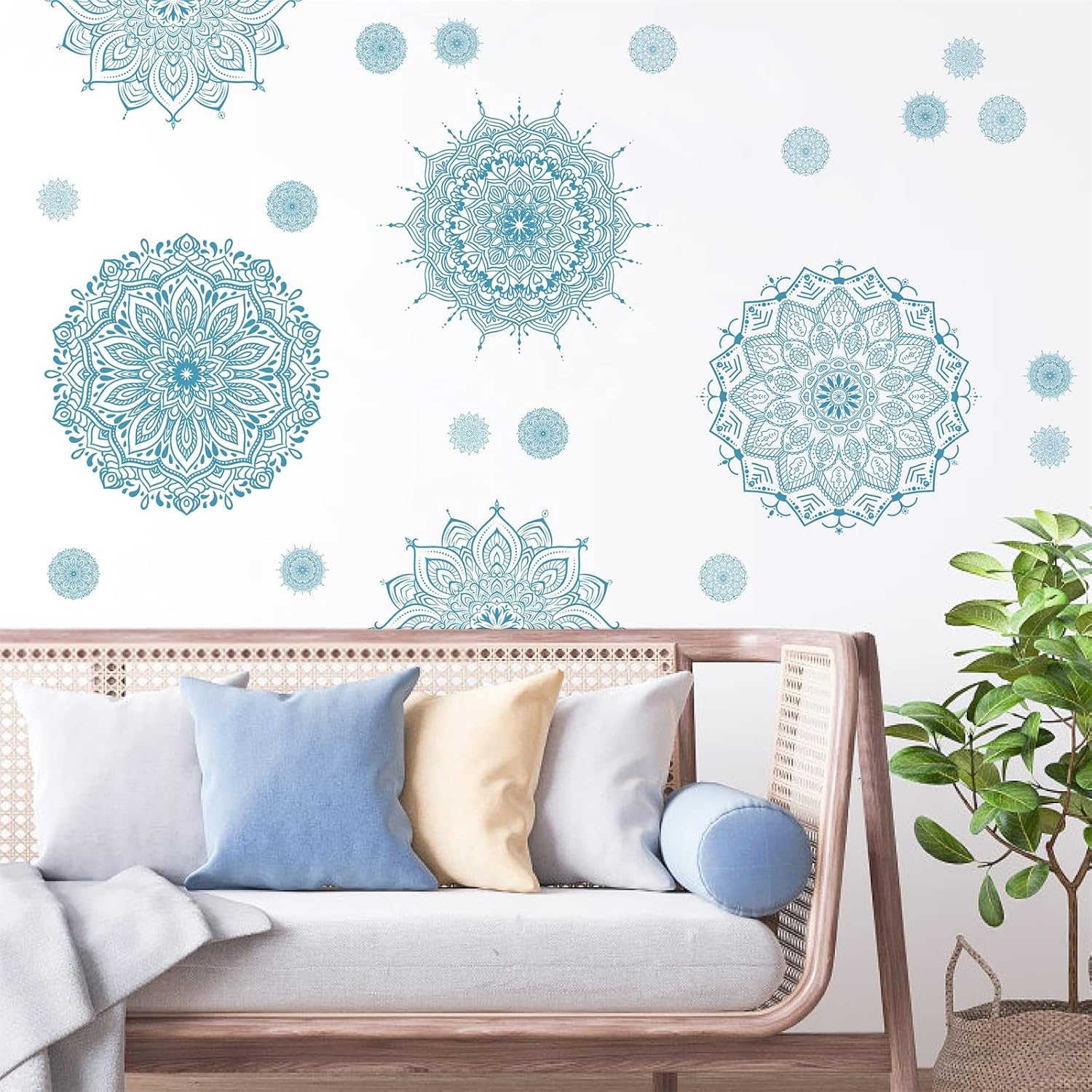 Light Blue Mandala Wall Stickers Removable Mandala Art Decals Peel and Stick Lotus / Blue Small