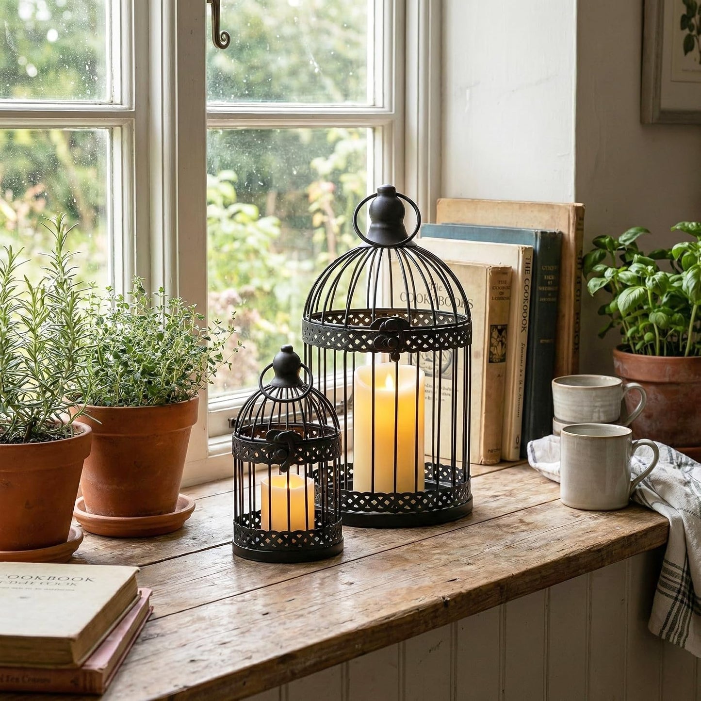 Vela Lanterns Bird Cage Decor Candle Holder Lantern Decorative Table Centerpiece Halloween Decorations, Black, Set of 4