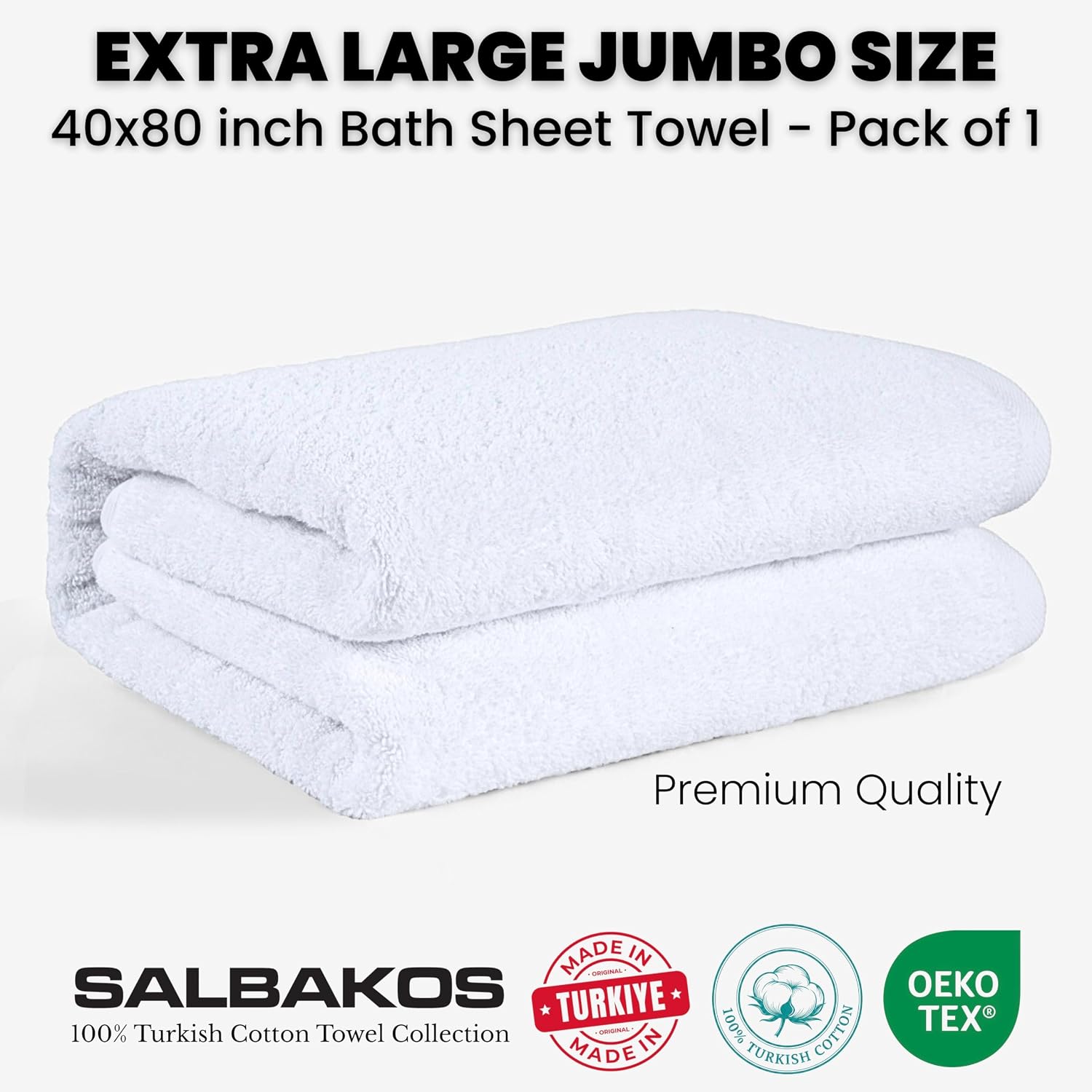 SALBAKOS Luxury 100% Turkish Cotton Bath Sheet 40x80 in (1-Piece, White) | Extra Large Jumbo Oversized Bathroom and