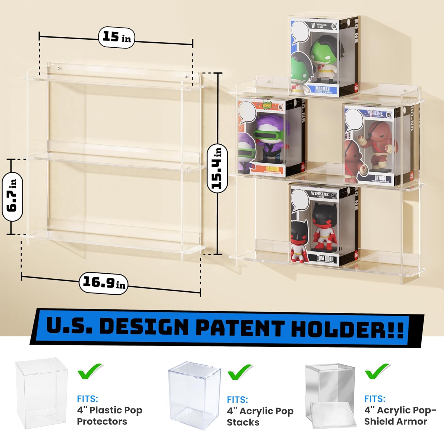 WINKINE Wall Display Shelves Compatible with 21 Funko Pop in Box, Easy Install - Only 2 Screws per Shelf, Acrylic