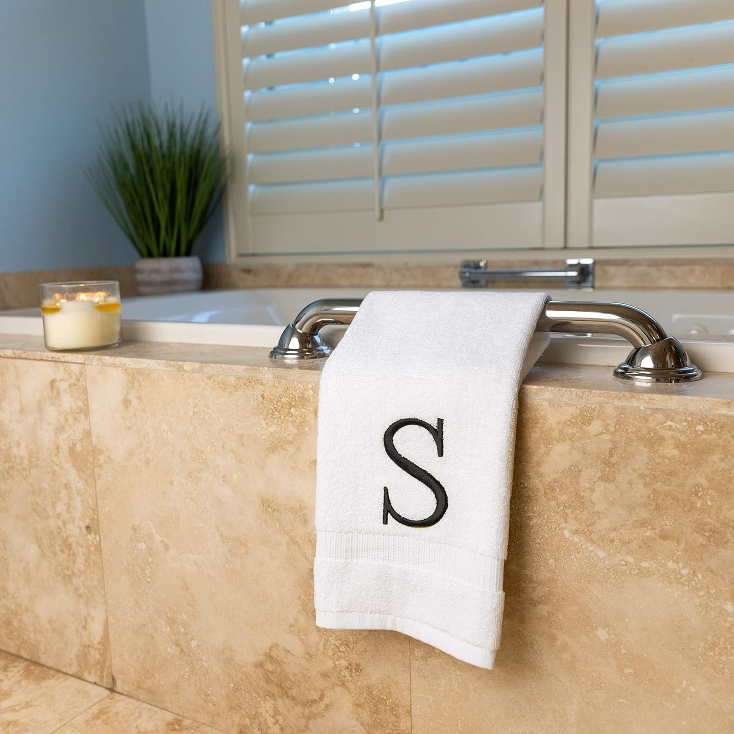 White with Dark Gray Monogrammed Hand Towels for Bathroom Set of 2 Letter S | Luxury Hotel Quality Initial Towels For