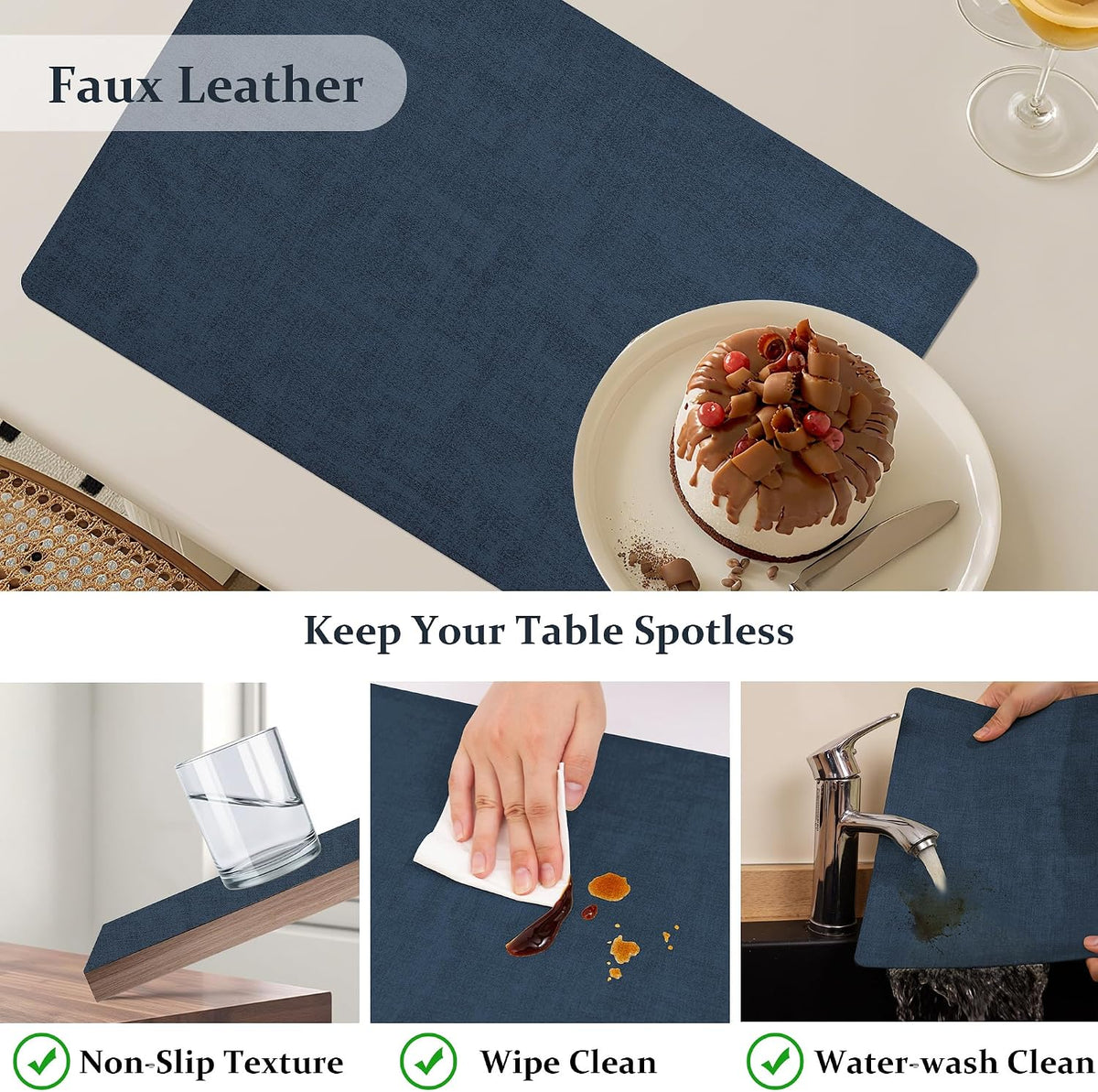 FROMHEART Faux Leather PU Placemats Set of 8 (Dark Blue,11.8" x 17") | Waterproof,Heat/Oil Stain-Resistant Table