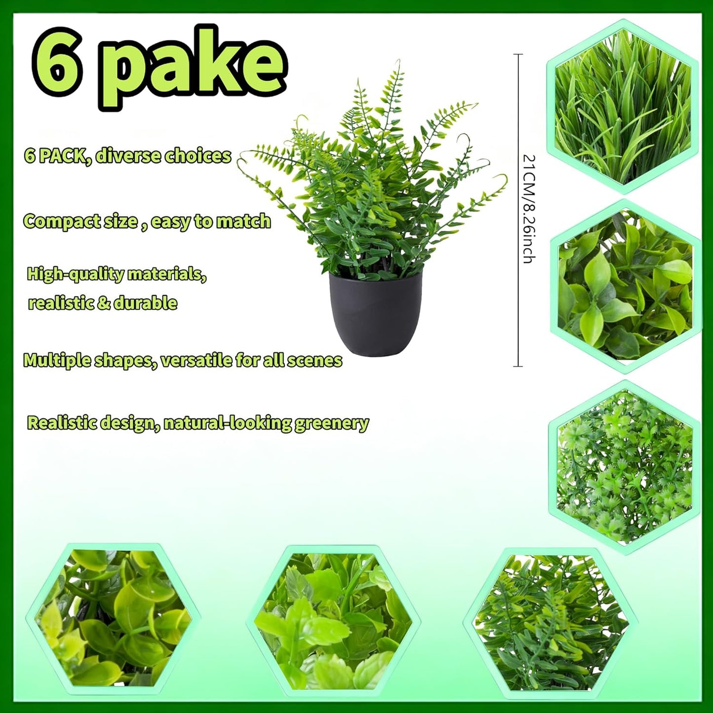 SENNI mini Artificial Simulation Plants and Plant Potted Plants Suitable / Green / Set of 6