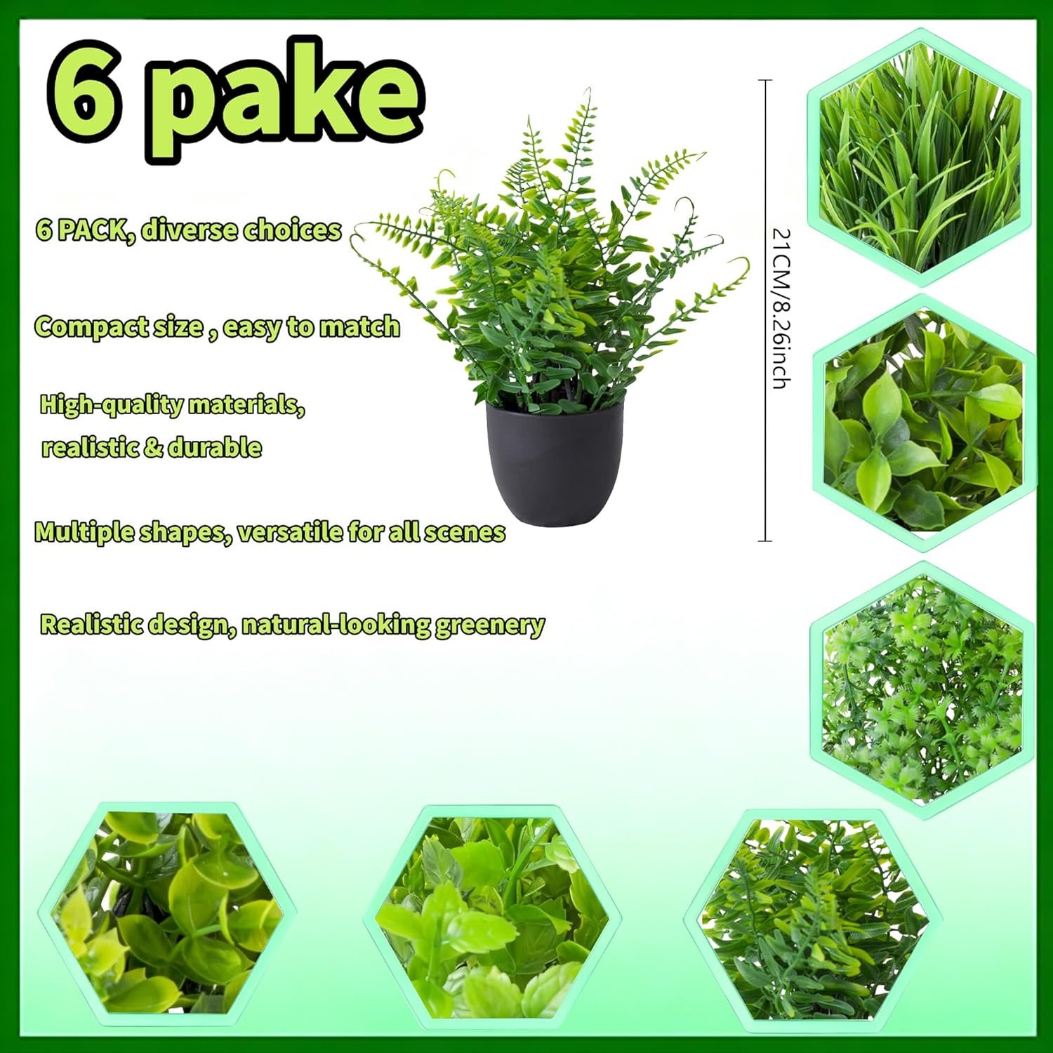 SENNI mini Artificial Simulation Plants and Plant Potted Plants Suitable / Green / Set of 6