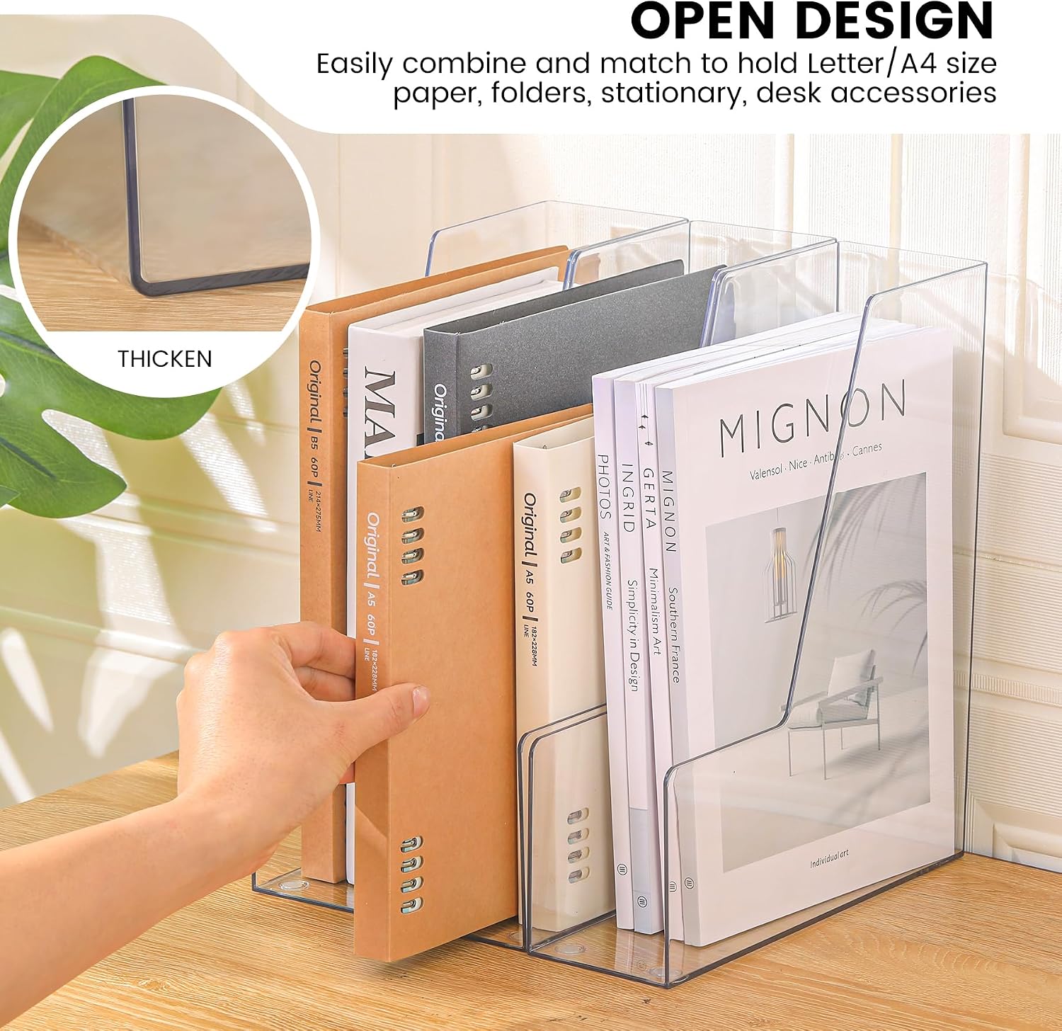 CiWiVOKi Vertical File Holder, Clear PET Desk Organizer and Storage Bins Holding for Magazines, Binders, Notebooks