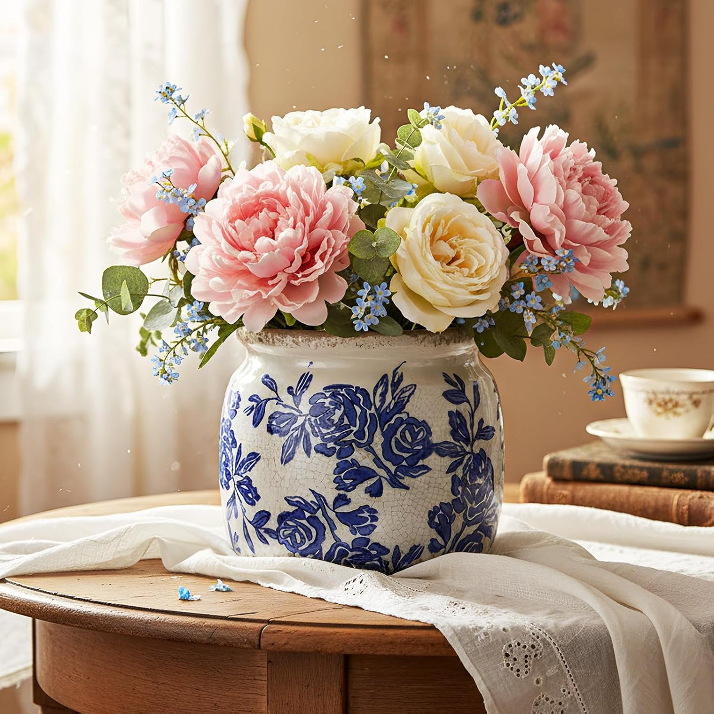 Vintage Chinoiserie Planter Large Ceramic Plant Pot / Blue Rose / Beige and Blue