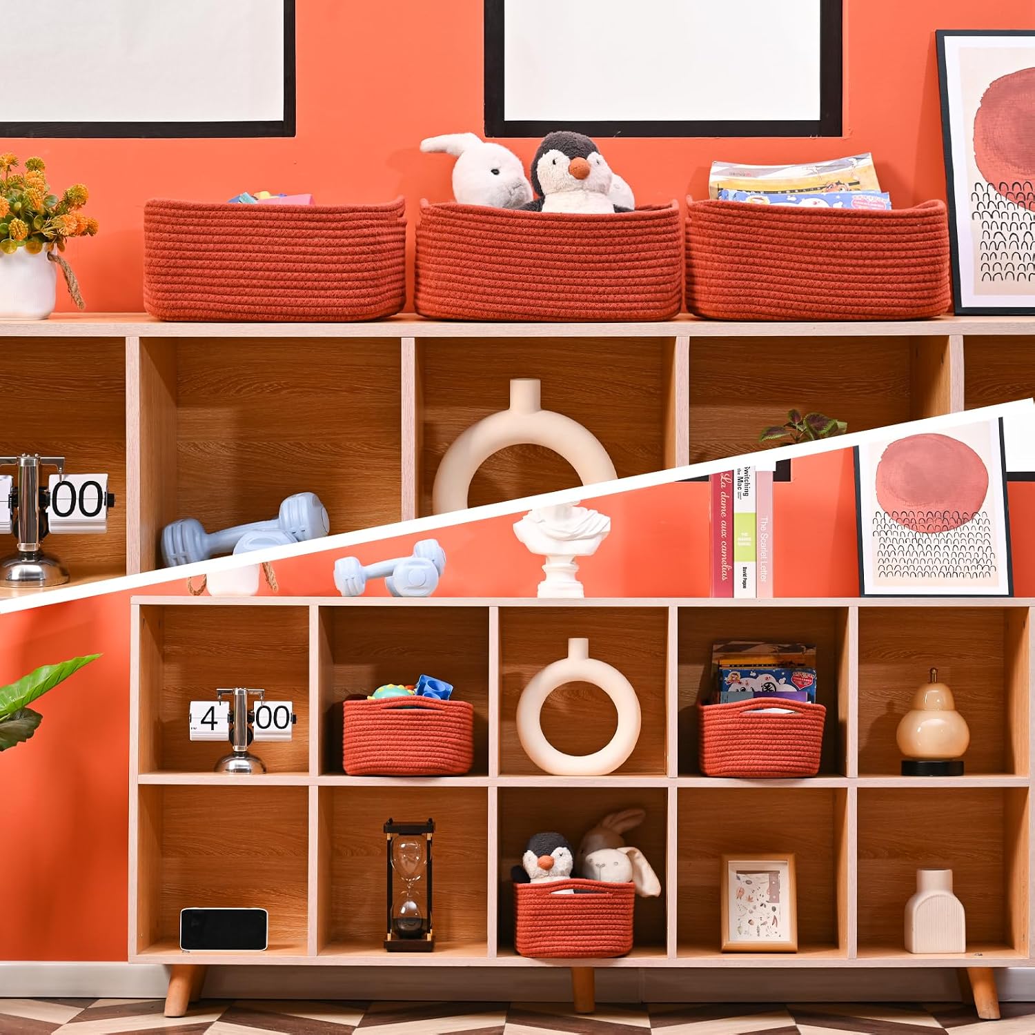 Small Red Woven Baskets for Organizing / 13 x 8.5 x 5.1 / Brick Red