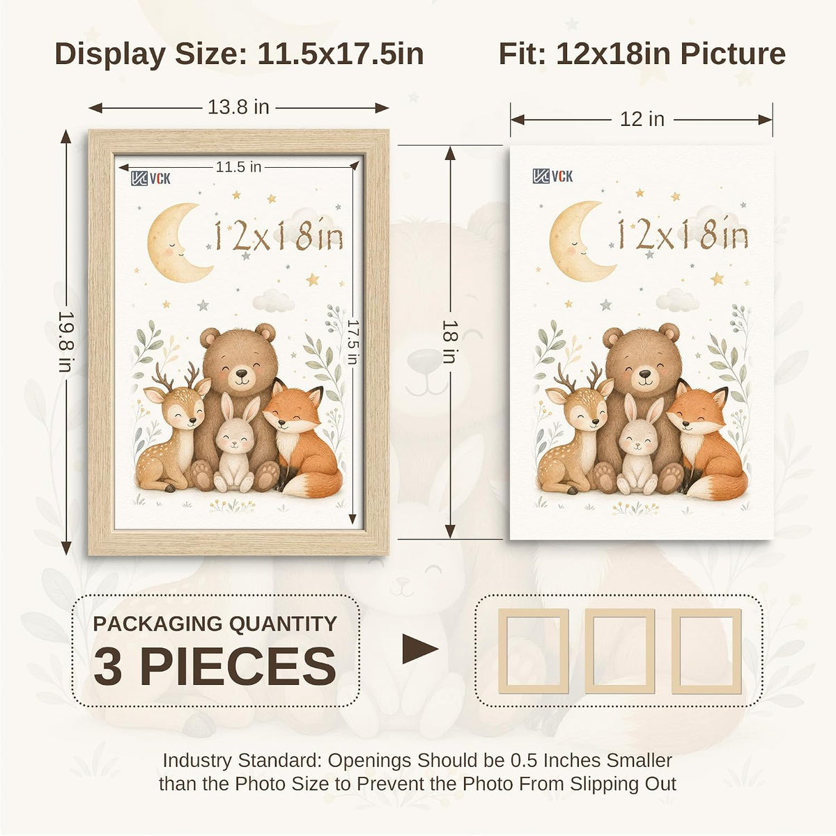 VCK 12x18 Picture Frames Set of 3, Natural Oak Woodgrain, Wall Hanging | Wide Border, Exclusive Woodgrain, Shatterproof