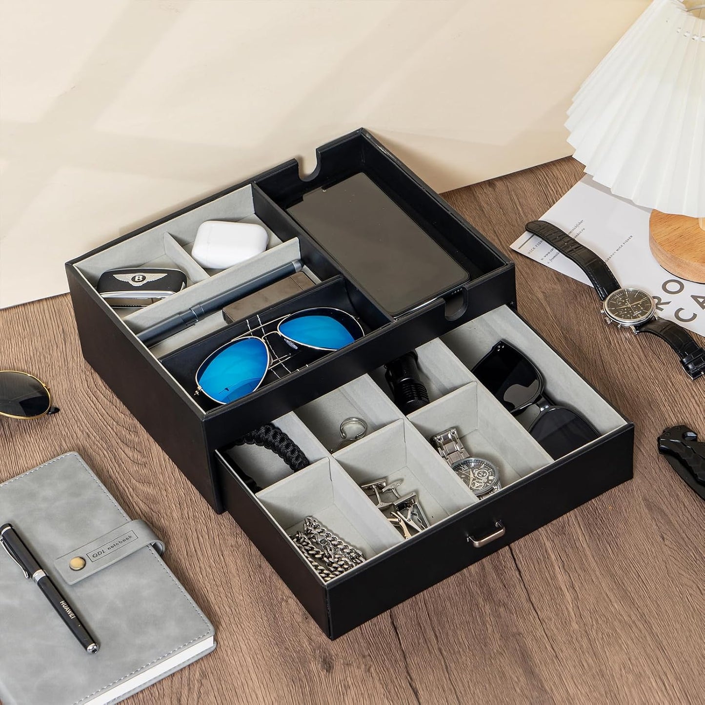 ProCase 2 Layers Valet Tray Gift for Men, Nightstand Organizer EDC Dump Catchall Trays with Phone Charging Station