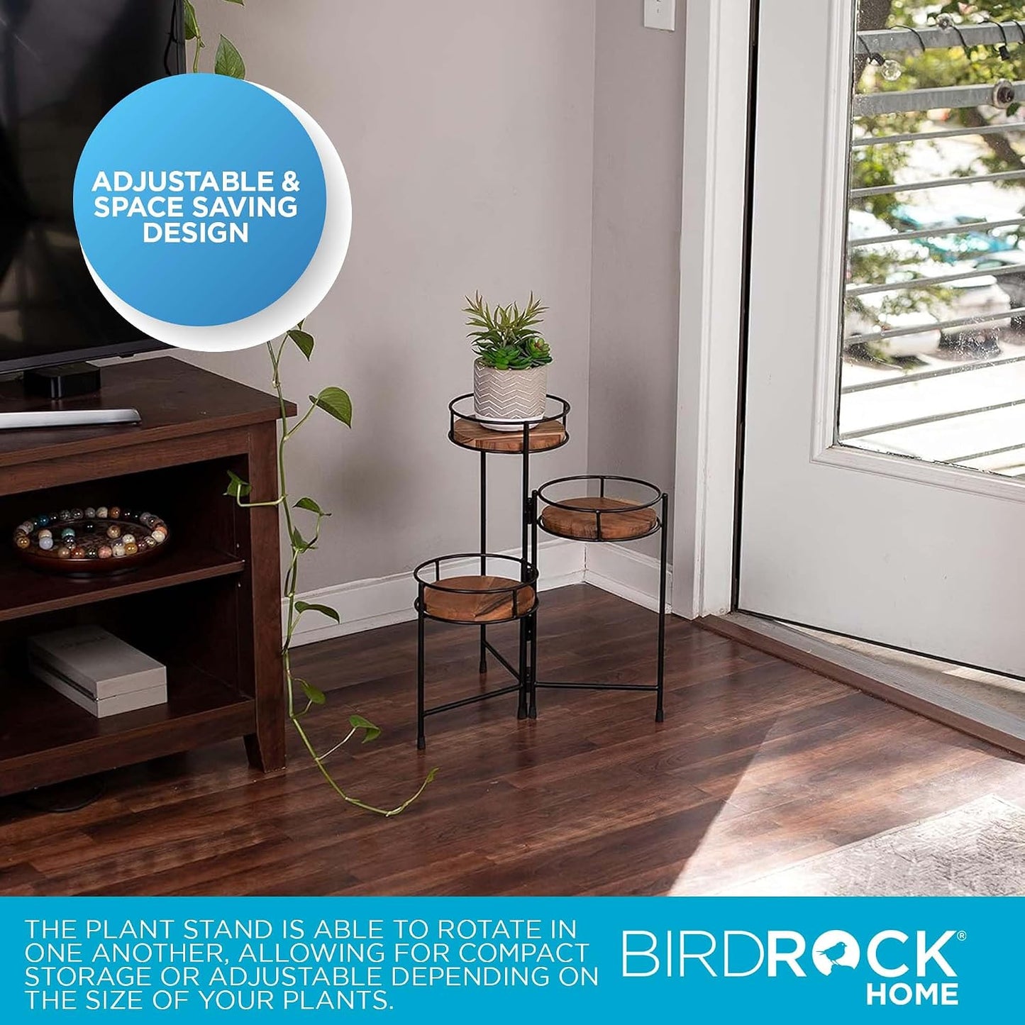 BIRDROCK HOME 3-Tier Plant Stand - Acacia Wood Plant Holder - Adjustable Collapsible Design - Display Shelves for Pots
