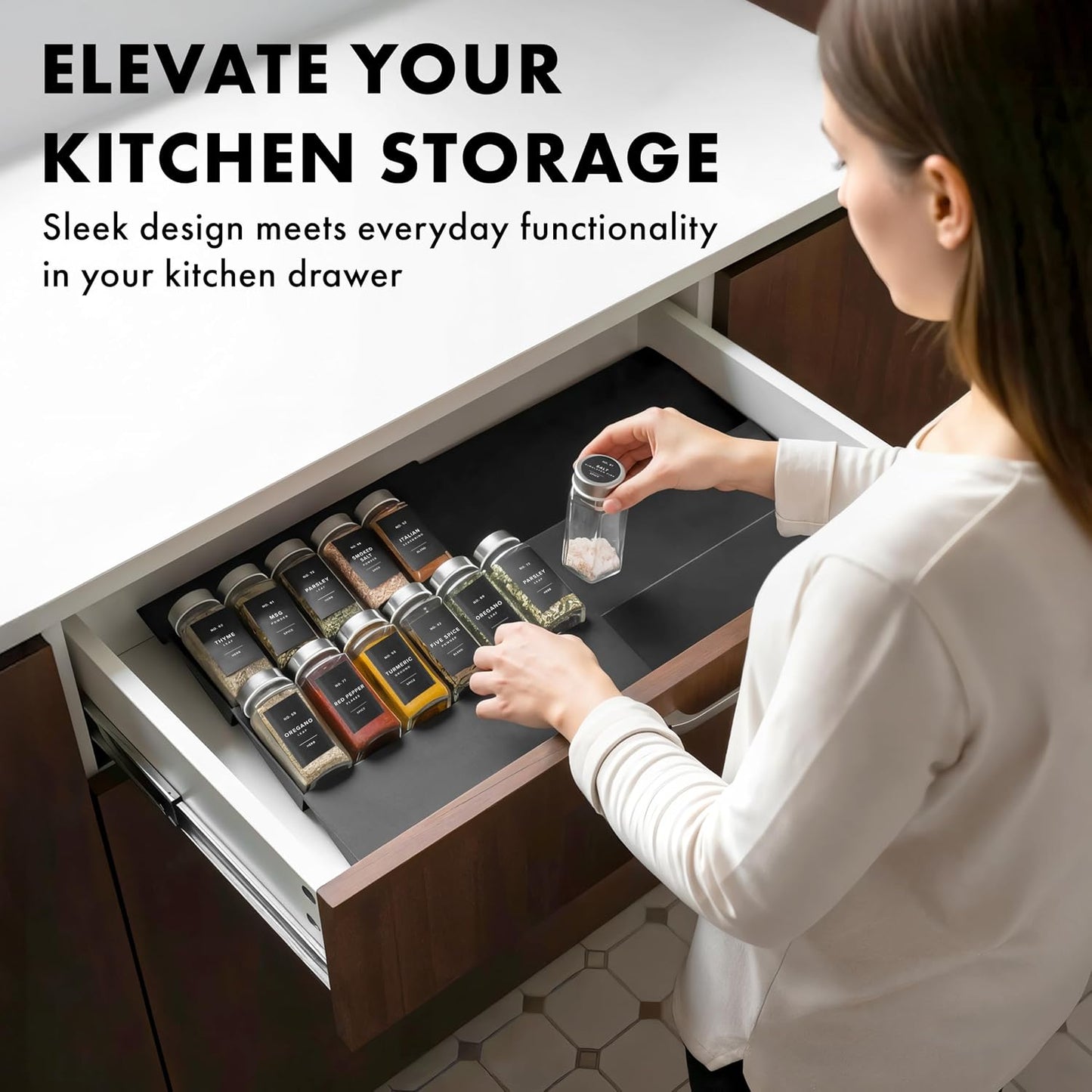 Spice Drawer Organizer - Expandable Spice Rack for Drawer, Black Seasoning Organizer for Drawer Spice Organizer, Spice
