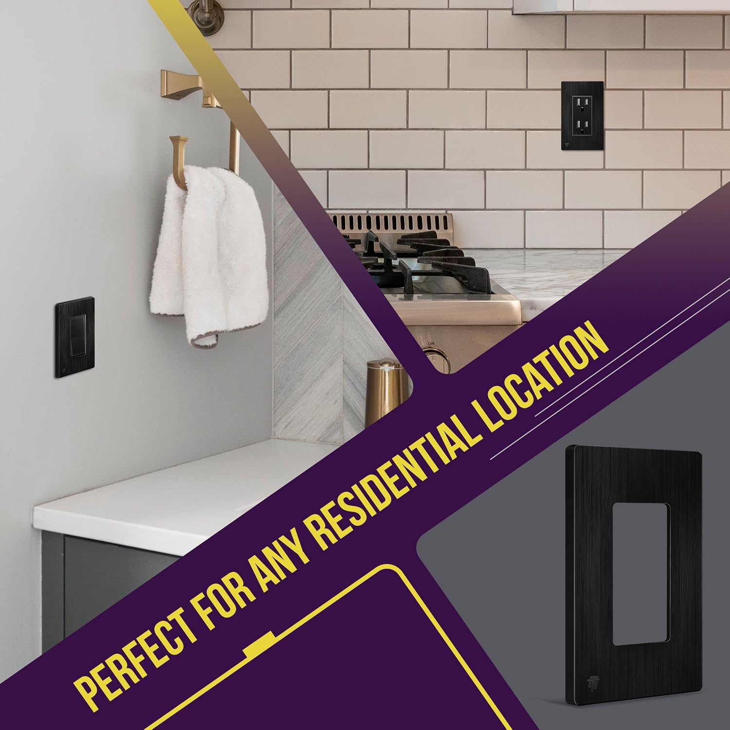 ENERLITES 1-Gang Brushed Black Screwless Decorator Wall Plate Outlet Cover | 10 Pack, Size 4.68" x 2.93", Fits light
