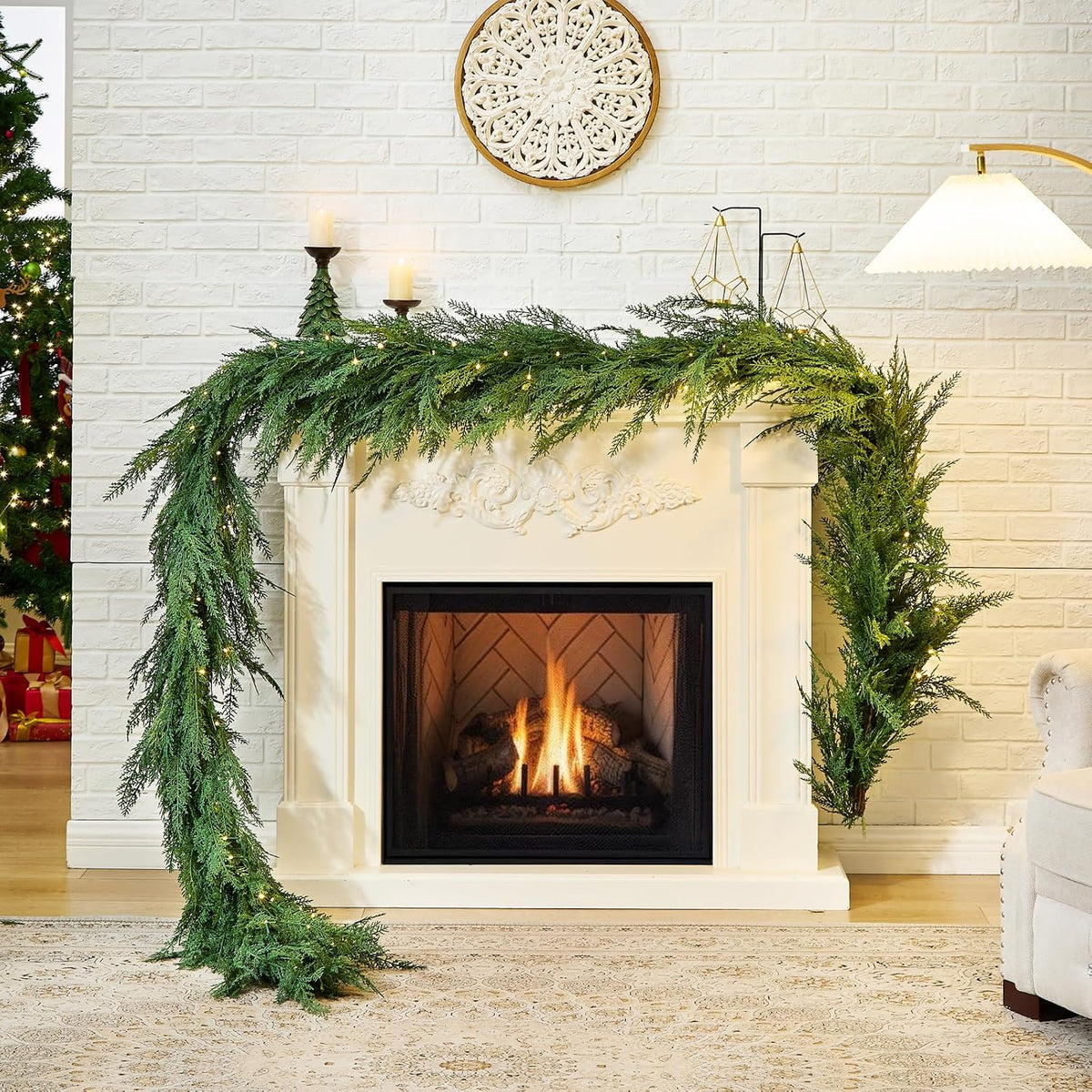 Christmas Cedar Garland Realistic with Lights - Cypress Decorations 12ft for Mantle Lighted Faux Pine Garlands for Xmas