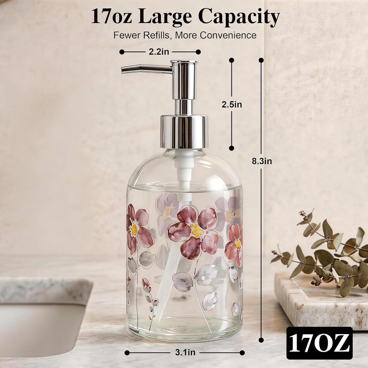 Topadorn 17oz Hand and Dish Soap Dispenser Set, Floral & Goldfinch | 2 Pack Glass Soap Dispensers with Pump, Refillable