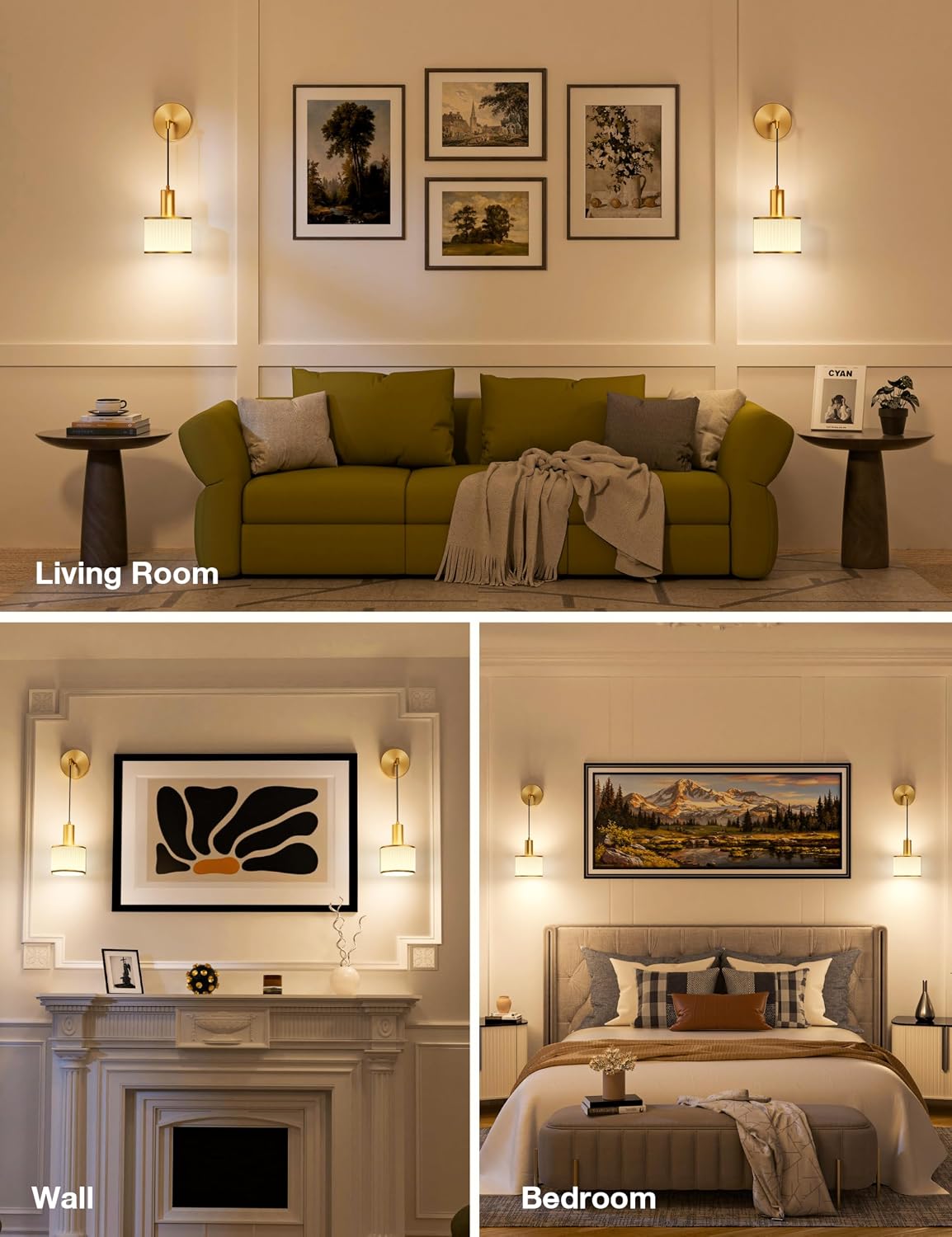 Battery Operated Wall Sconce Set of 2, Gold & Off-White Wireless Rechargeable Wall Lights with 5200mAh Dimmable