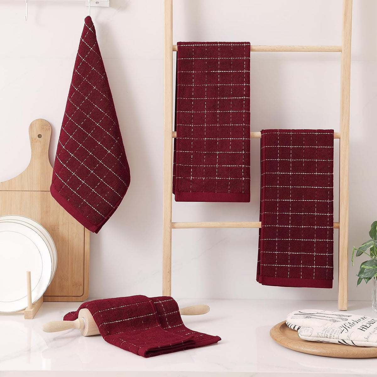 Homaxy 100% Cotton Terry Kitchen Towels, 12 Pack, Burgundy | Ultra Soft and Absorbent Dish Towels for Kitchen, Suitable