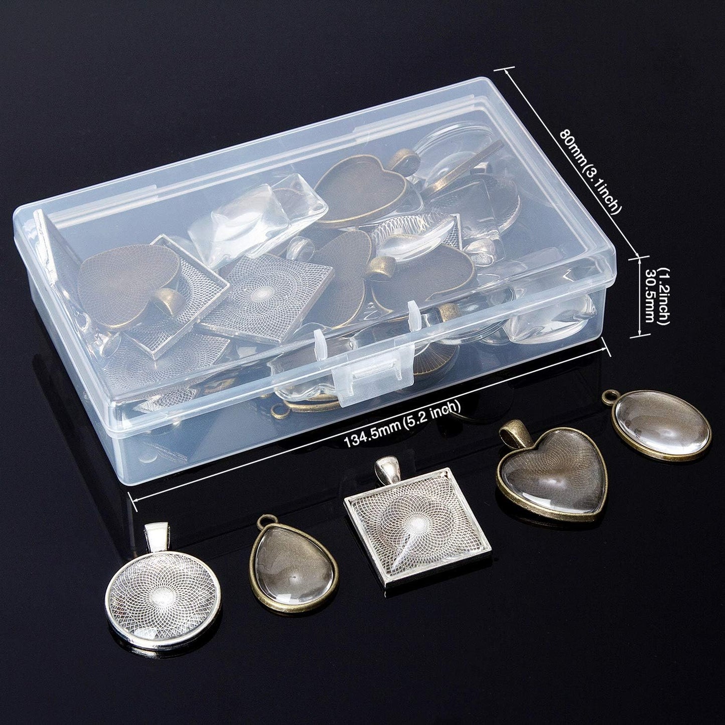 5 Styles Pendant Trays Round & Square & Heart & / Metal Pendant+ Bright Glass Cabochon / Set of 60