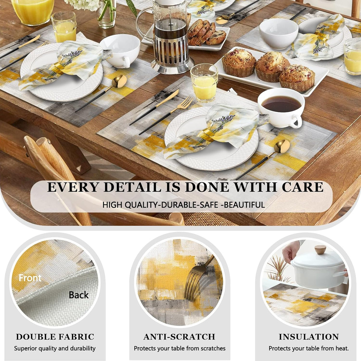 Mcalk 4 Each Yellow Placemats and Cloth Napkins Set of 8, Modern Art Placemat, Abstract Grey Cloth Napkin for Home