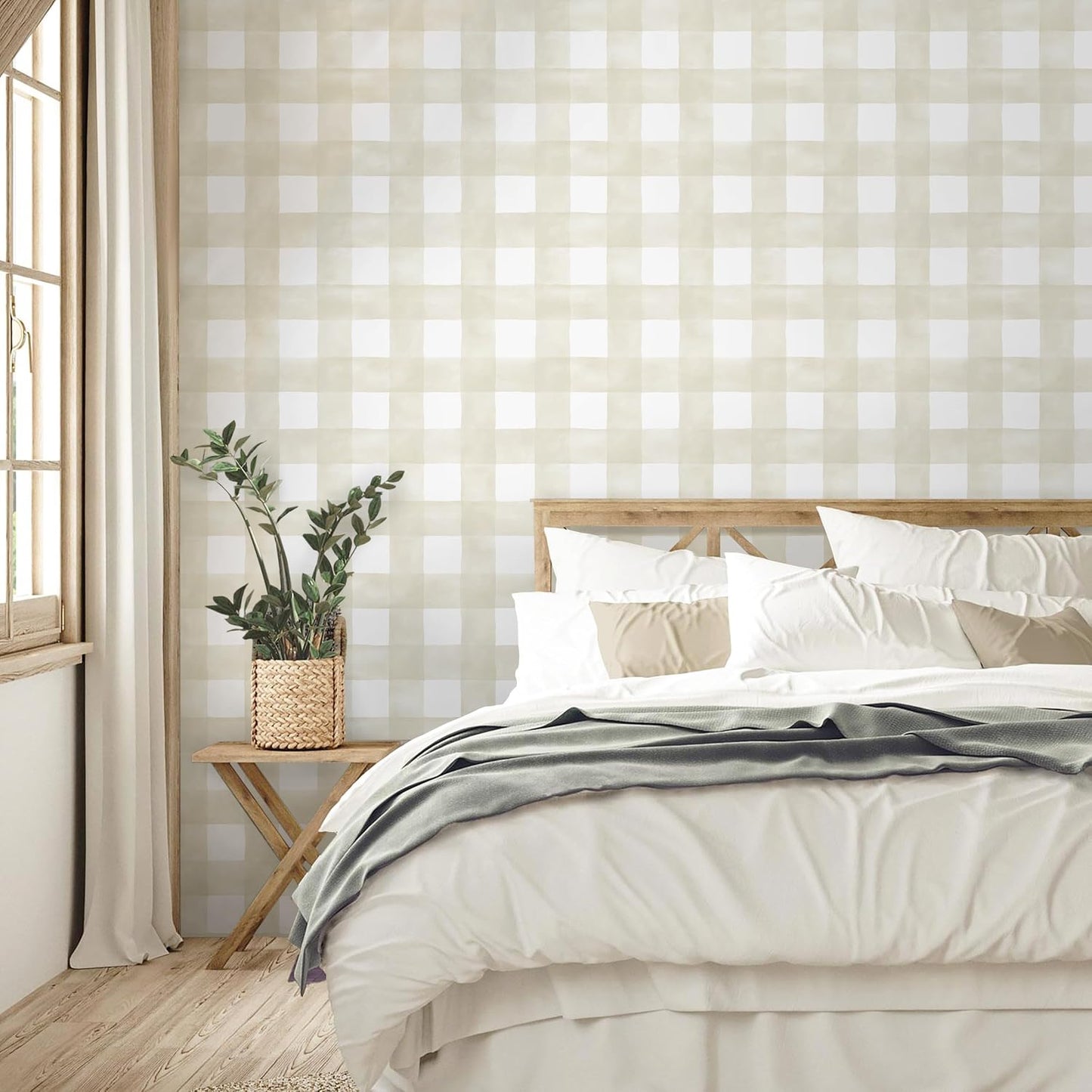 Peel and Stick Wallpaper Boho Modern Wall Paper Checkered Peel / 17.3 x 196.8 / Beige and White