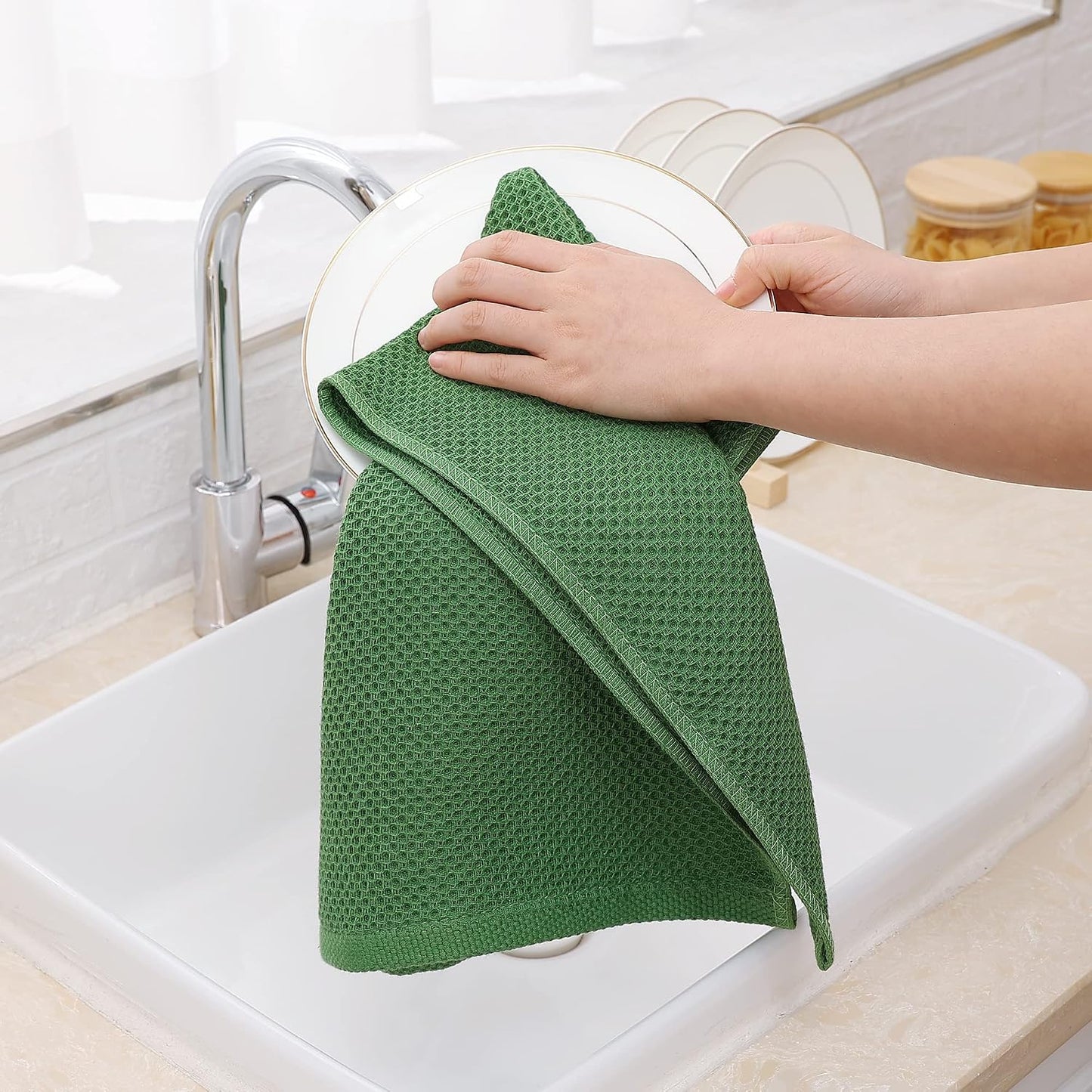 Homaxy 100% Cotton Waffle Weave Kitchen Dish Towels 12-Pack, Grass Green | 13 x 28 Inches, Ultra Soft Absorbent Dish