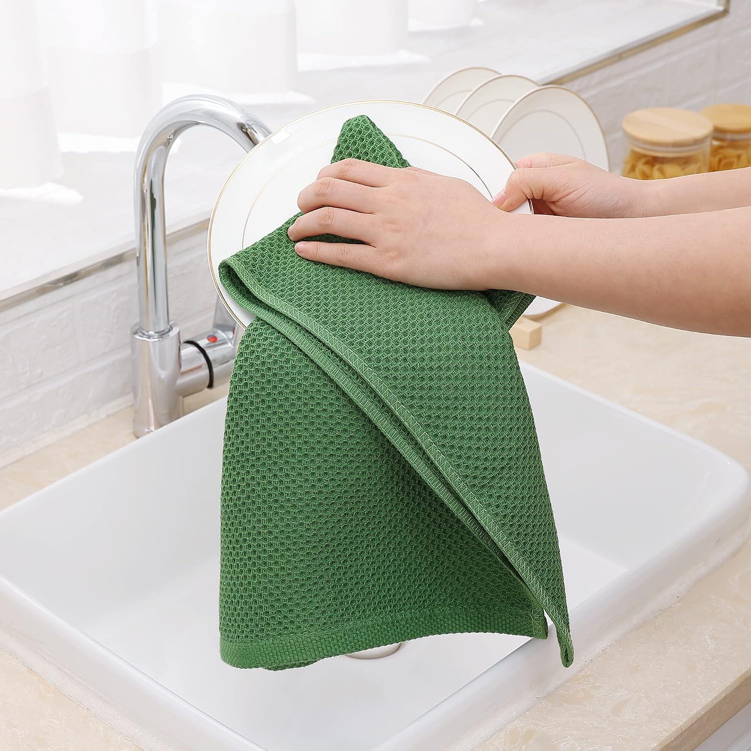 Homaxy 100% Cotton Waffle Weave Kitchen Dish Towels 12-Pack, Grass Green | 13 x 28 Inches, Ultra Soft Absorbent Dish