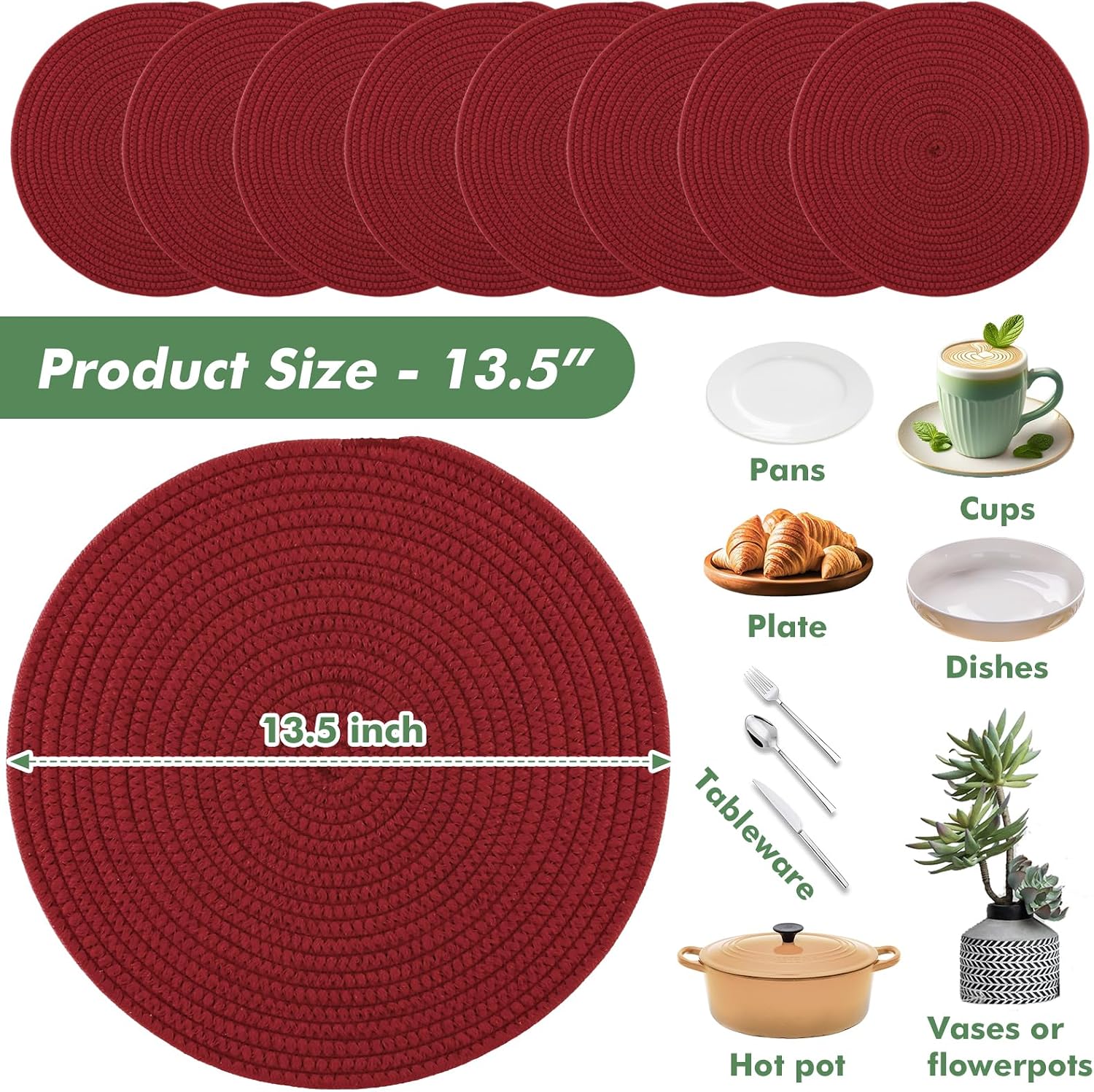 Aertiavty 8 Pack Round Woven Placemats for Christmas 13.5 Inches Red Heat Resistant Placemats Farmhouse Cotton Rope