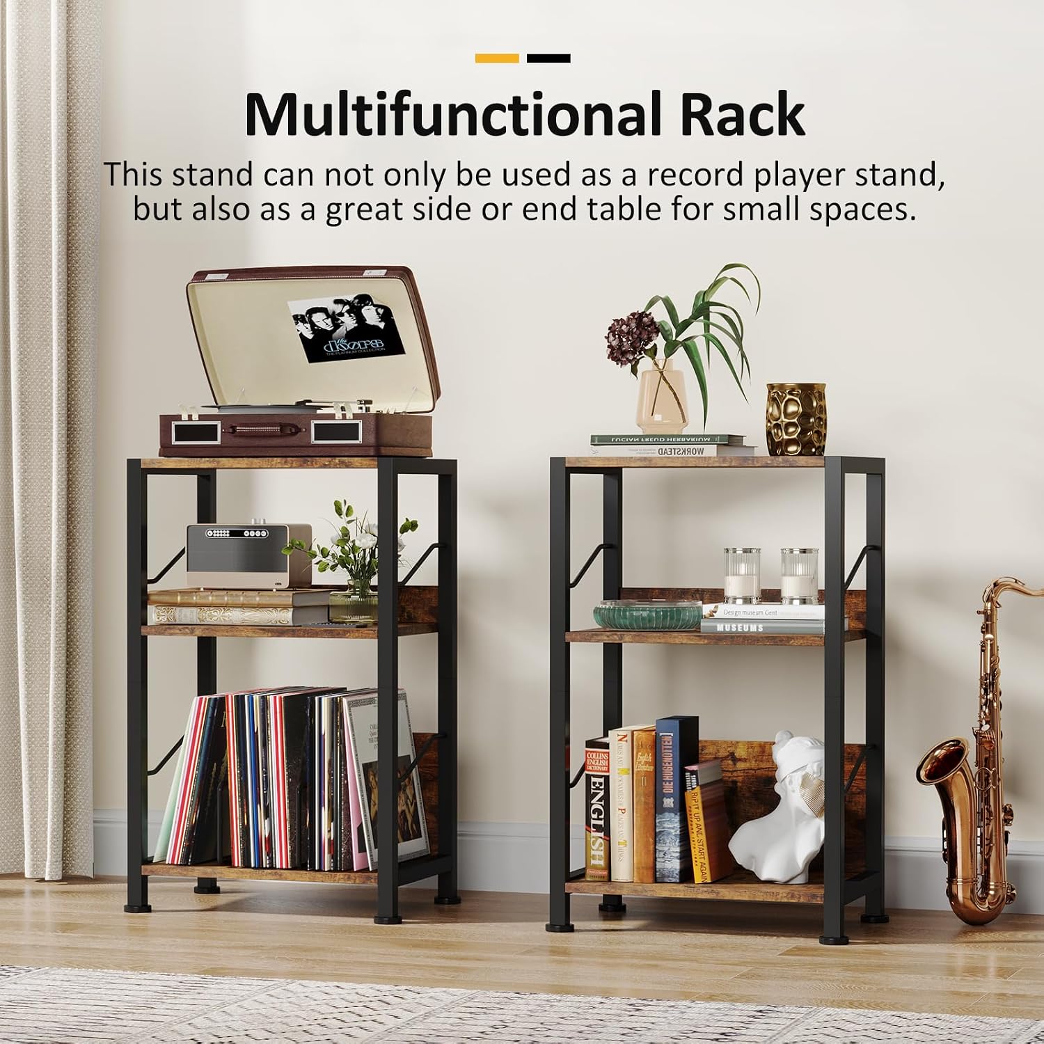 Hosfais 3 Tier Record Player Stand, Retro Vinyl Storage End Table Records for Living Room Bedroom (Brown)