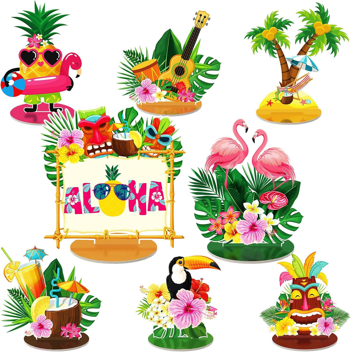 Namalu 16 Pcs Hawaiian Table Decorations Luau Table Centerpieces Aloha Tiki for Tropical Pineapple Centerpieces Hawaii Theme Summer Beach Birthday Party Supplies(Hawaiian Theme)