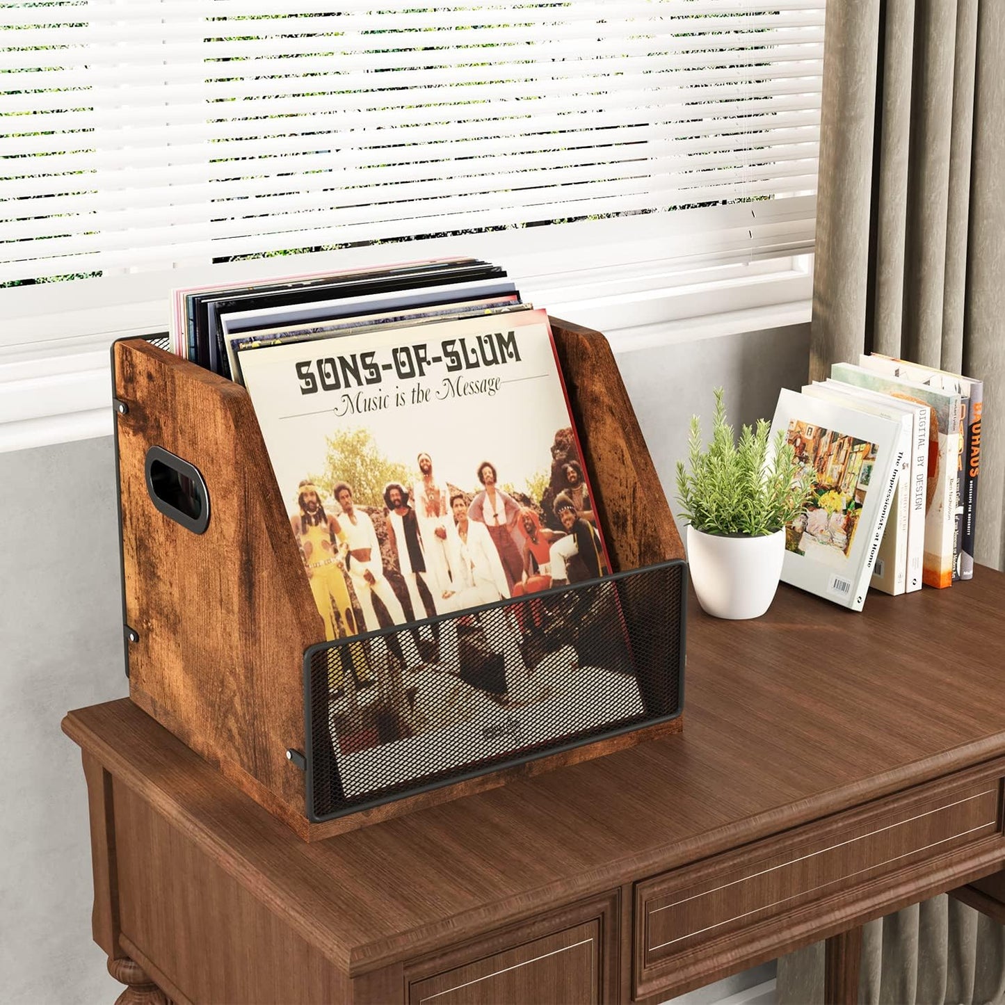 Homeiju Vinyl Record Storage, Record Box Case Crate, Vinyl Record Album Holder, Metal & Wooden LP Record Crate, Holds