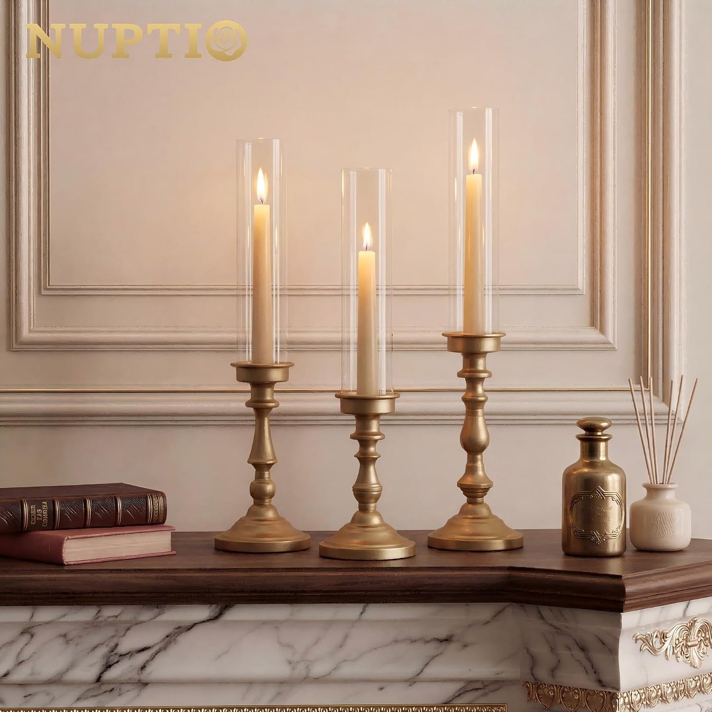 NUPTIO Hurricane Candle Holders, Set of 6 Gold Taper Holders with Glass | Glass Covers Protect Flames, Ornate Style