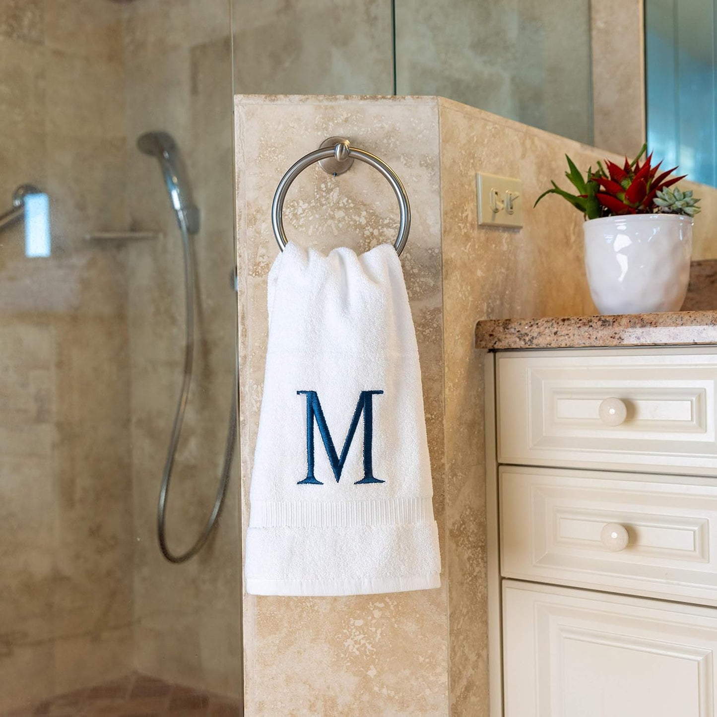 White with Navy Monogrammed Hand Towels for Bathroom - Set of 2 Letter M | Luxury Hotel Quality Initial Towels For