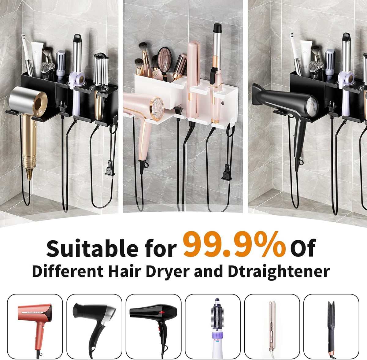 Hair Dryer Holder, Hair Tool Organizer Wall Mount, Adhesive or Drill, White | Blow Dryer Holder for Dryer Hook