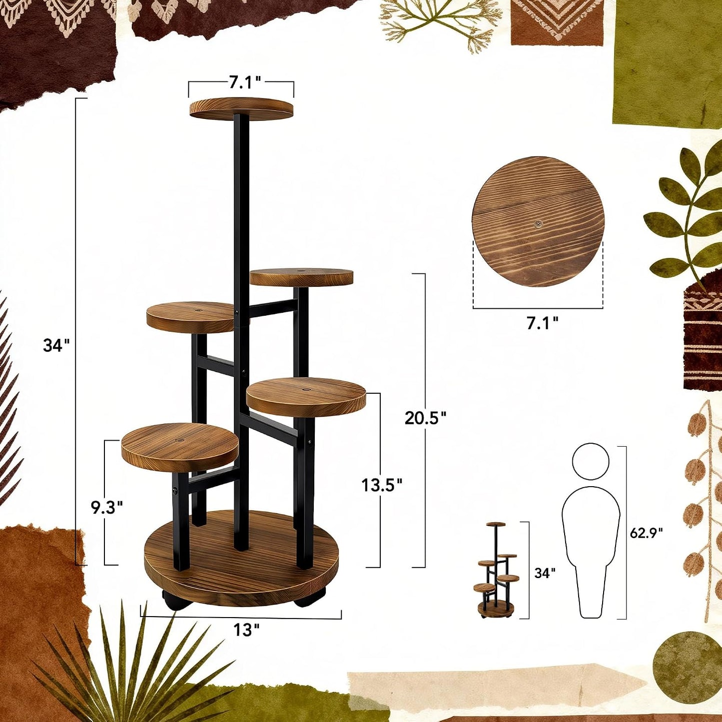 5 Tier Plant Stand With 4 Wheels | Metal Wood Tall Plant Stands For Indoor Plants Multiple, Corner Tiered Flower Plants