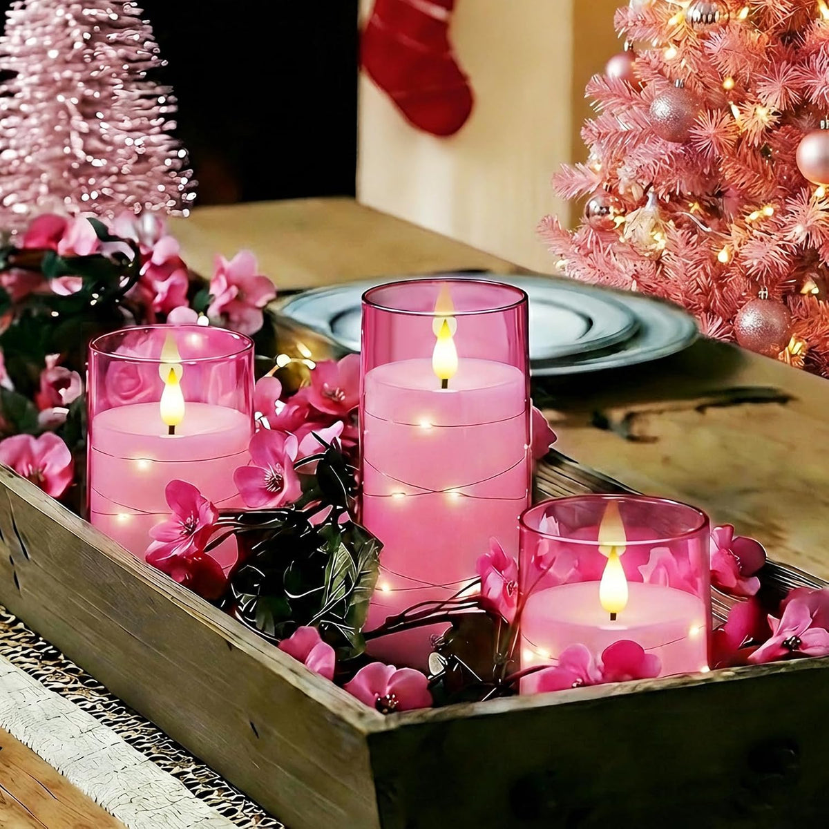 Homemory Flickering Flameless Candles, Pink LED Pillar Candles with Remote | Acrylic Battery Operated Timer Candles