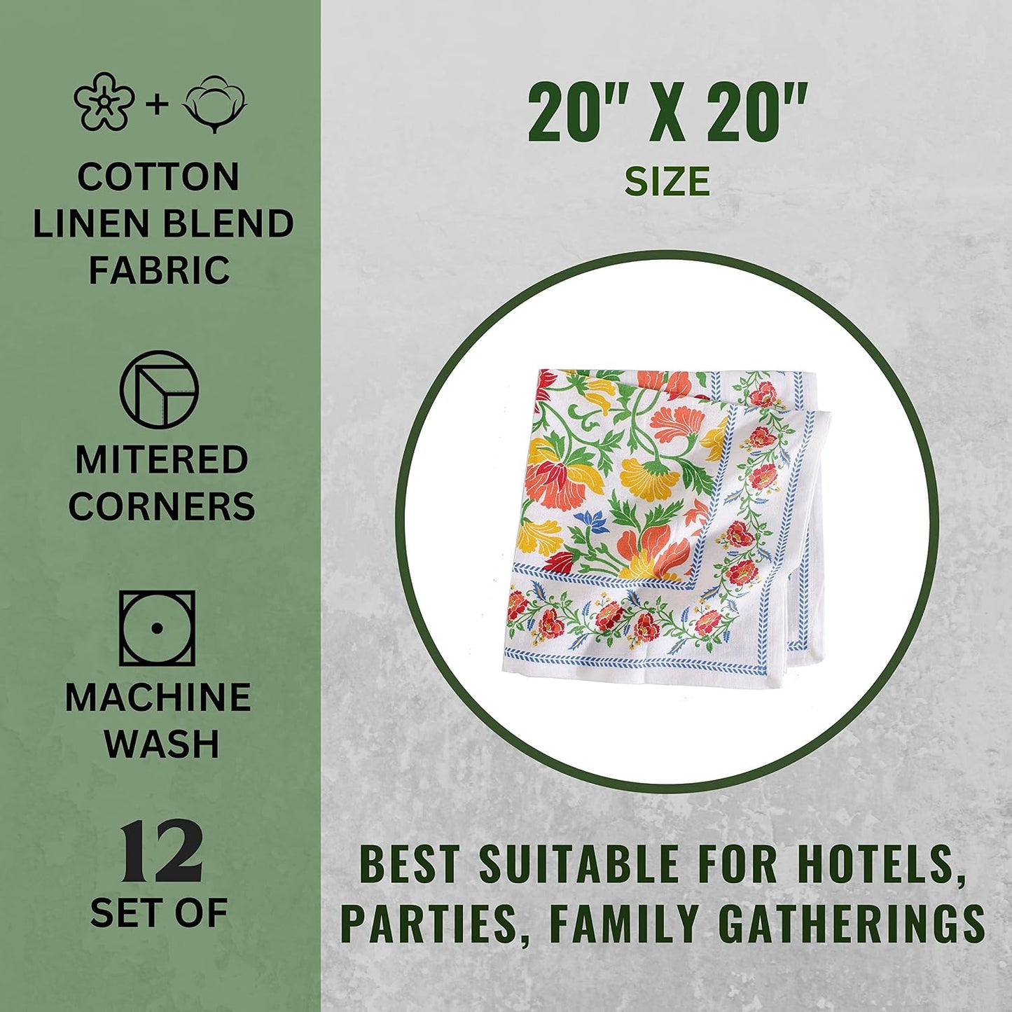 FINGERCRAFT Cloth Napkins Set of 12 Cotton Linen, 20x20 in, Persian Flora | Mitered corner, washable, soft, absorbent
