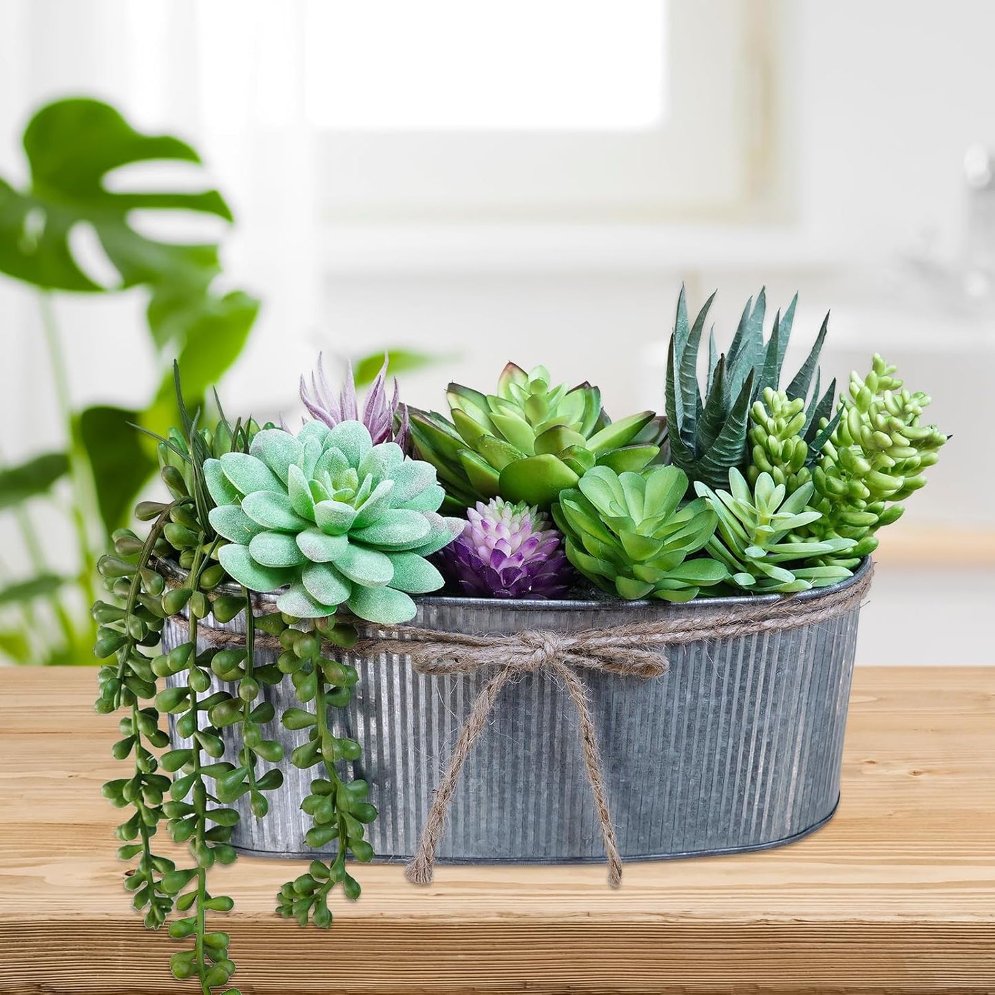 10" Artificial Succulent Arrangement Centerpiece Fake Succulent Plants in Rustic Metal Oval Planter
