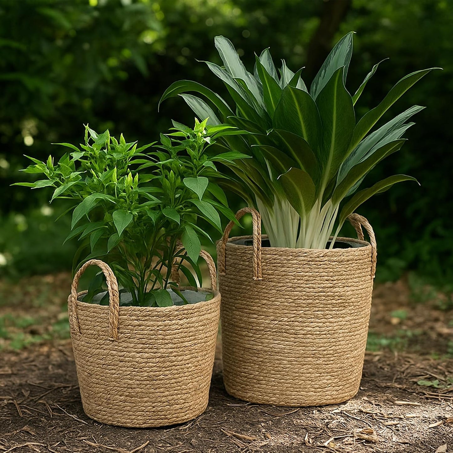 Woven Seagrass Planter Baskets / with Handles / Natural / Set of 2