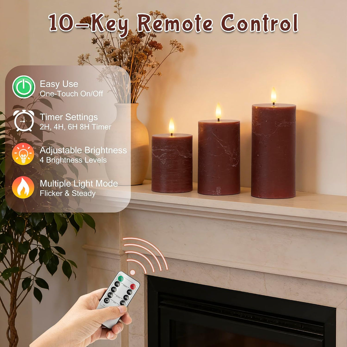 Brown Flameless Pillar Candles with Remote, Battery Operated Candle | Real Wax Flickering LED Decorative Candles, Warm