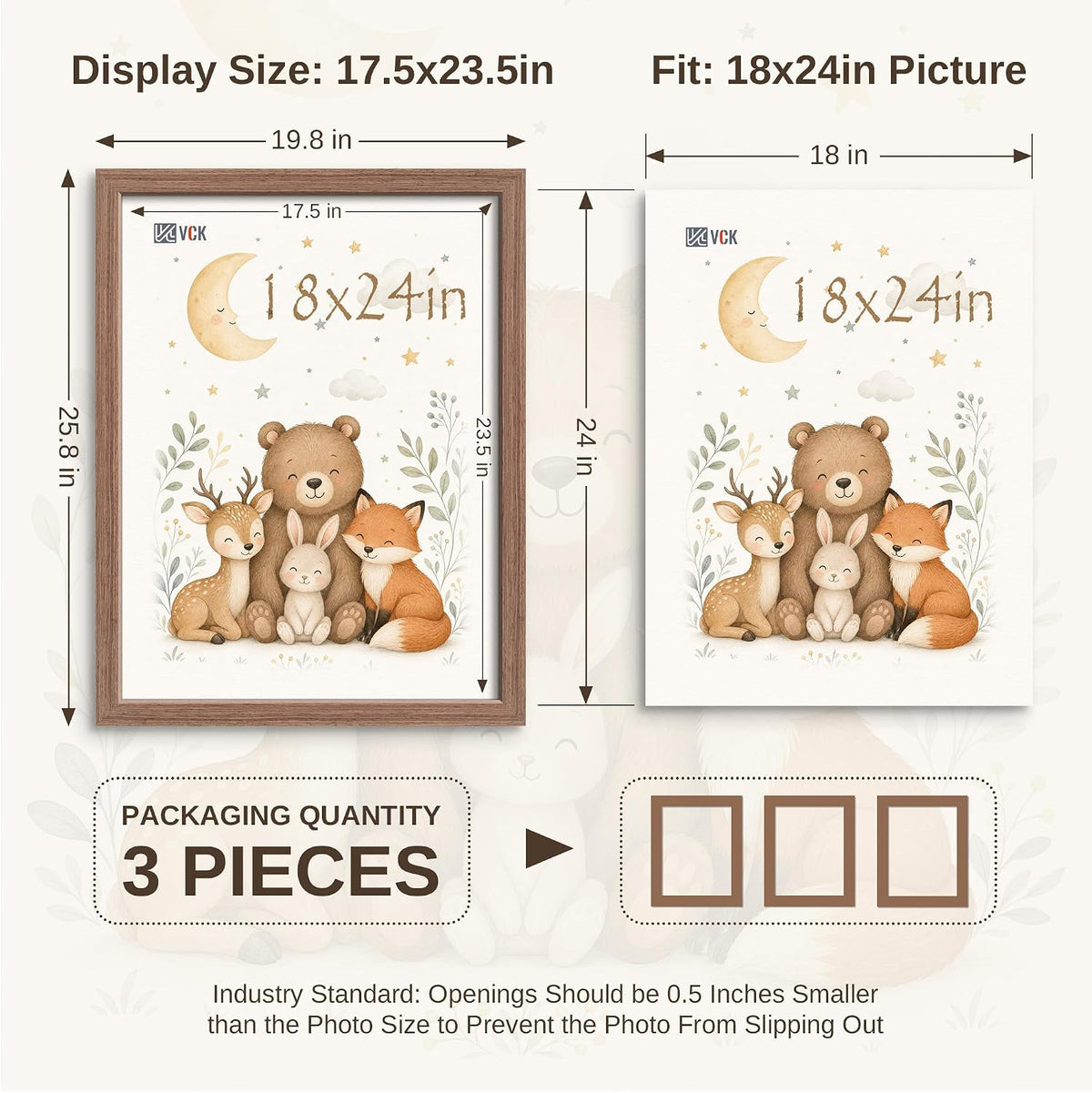 VCK 18x24 Poster Frames Set of 3, Walnut Woodgrain, Wall Hanging | Wide Border, Exclusive Woodgrain, Shatterproof