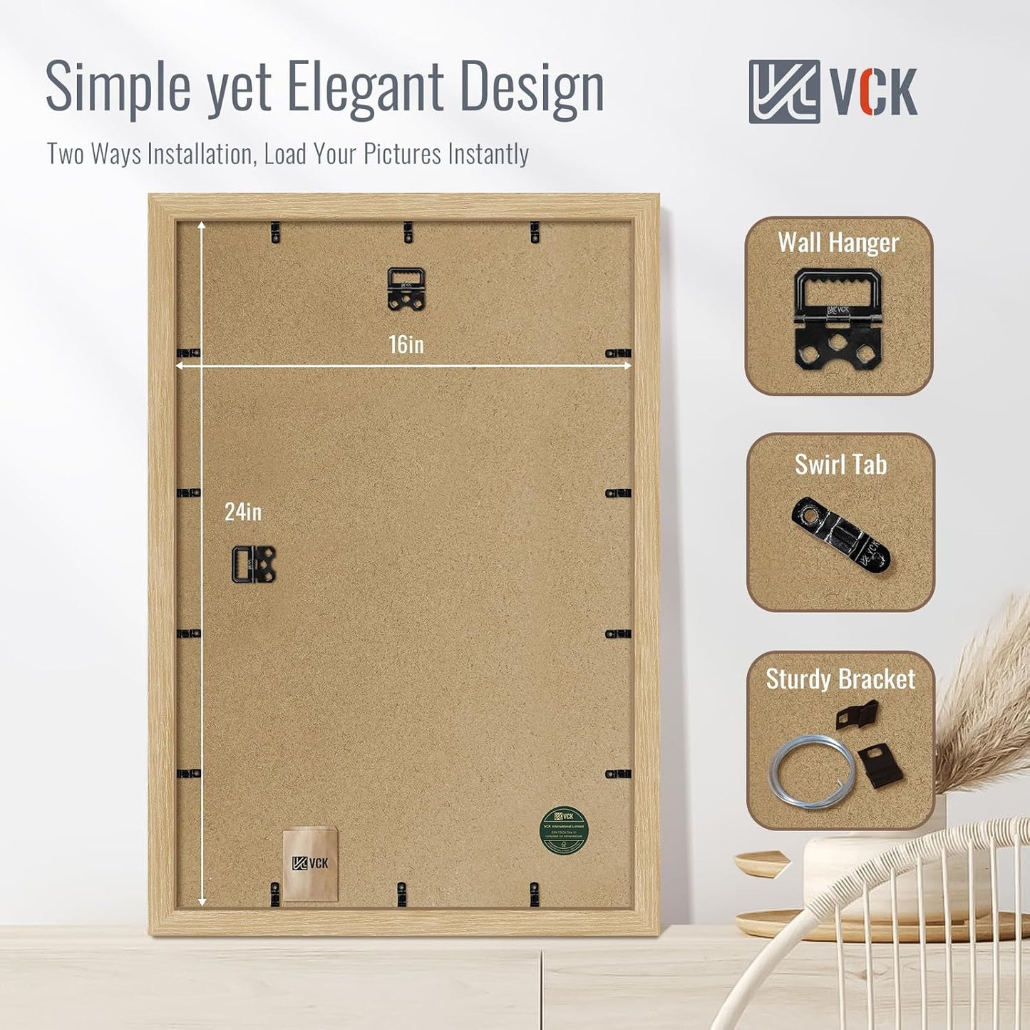 VCK 16x24 Frame Oak 4 Pack, Wide Thick Wood Border, for Poster/Prints | Exclusive Woodgrain, Wall Hanging, HD
