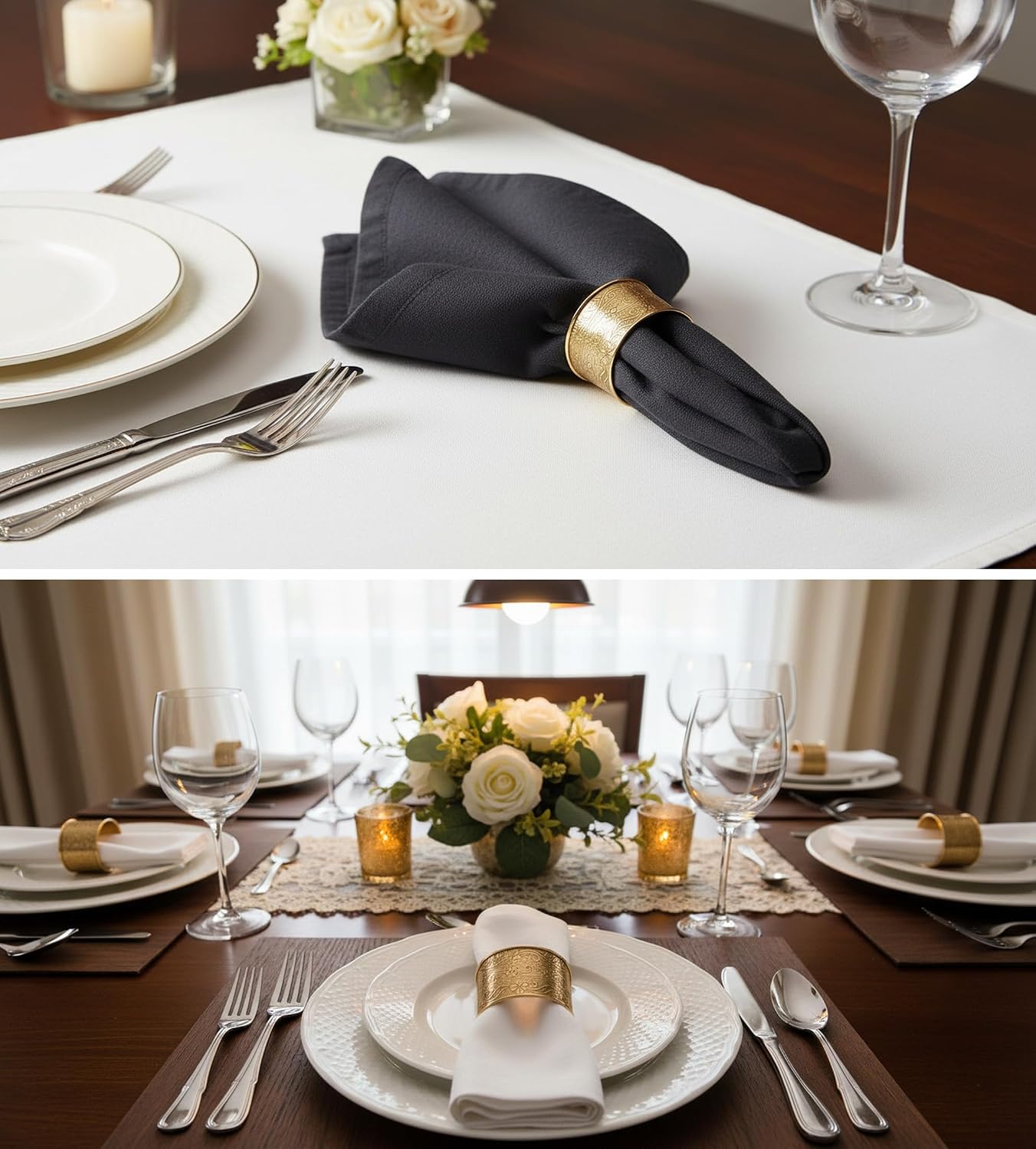 Handcrafted Floral Table Napkin Rings, Gold Tone, Set of 12 | Handcrafted large-size floral napkin holders; Decorative